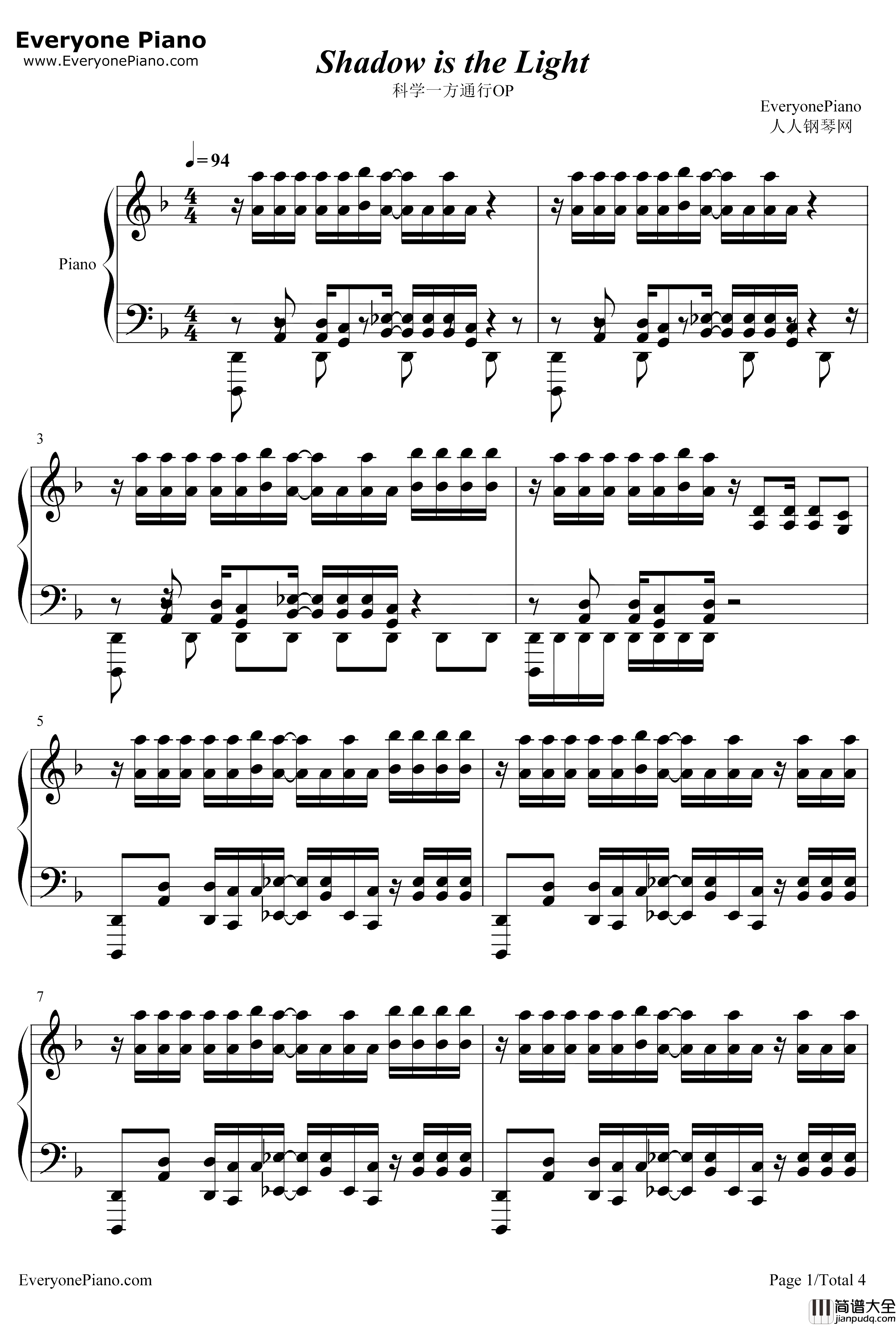 Shadow_is_the_Light钢琴谱_HESIXTHLIE_科学一方通行OP
