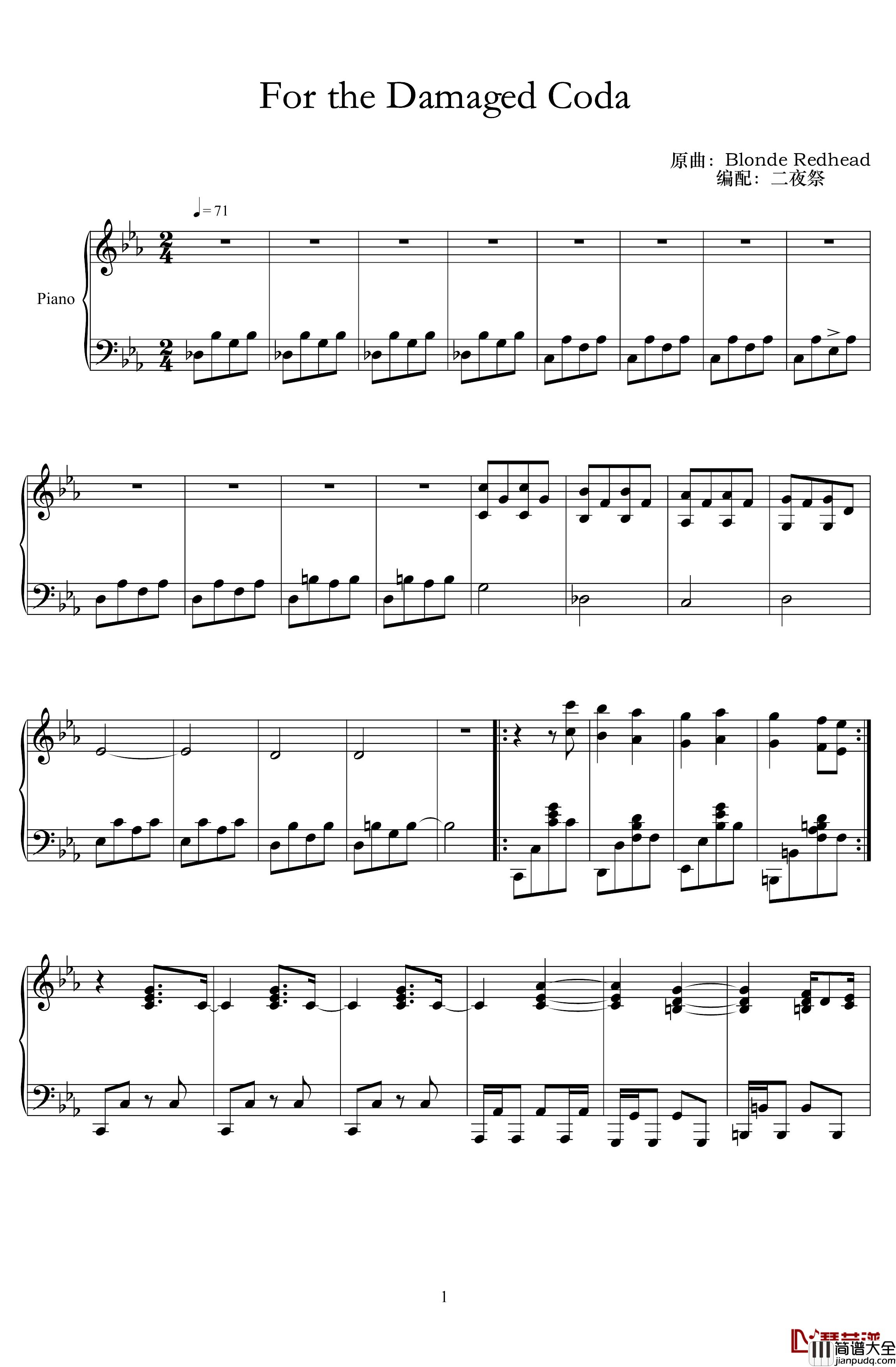 For_the_Damaged_Coda钢琴谱【Blonde_Redhead】】_瑞克和莫蒂
