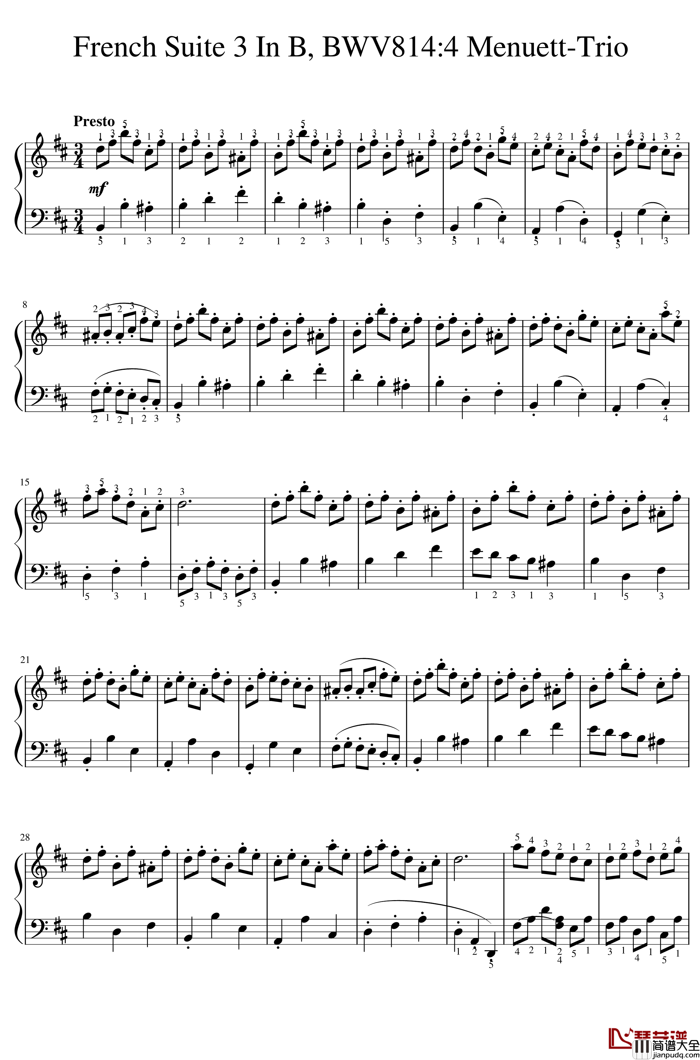 B小调法国组曲No.3小步舞曲钢琴谱_带指法_巴哈_Bach,_Johann_Sebastian