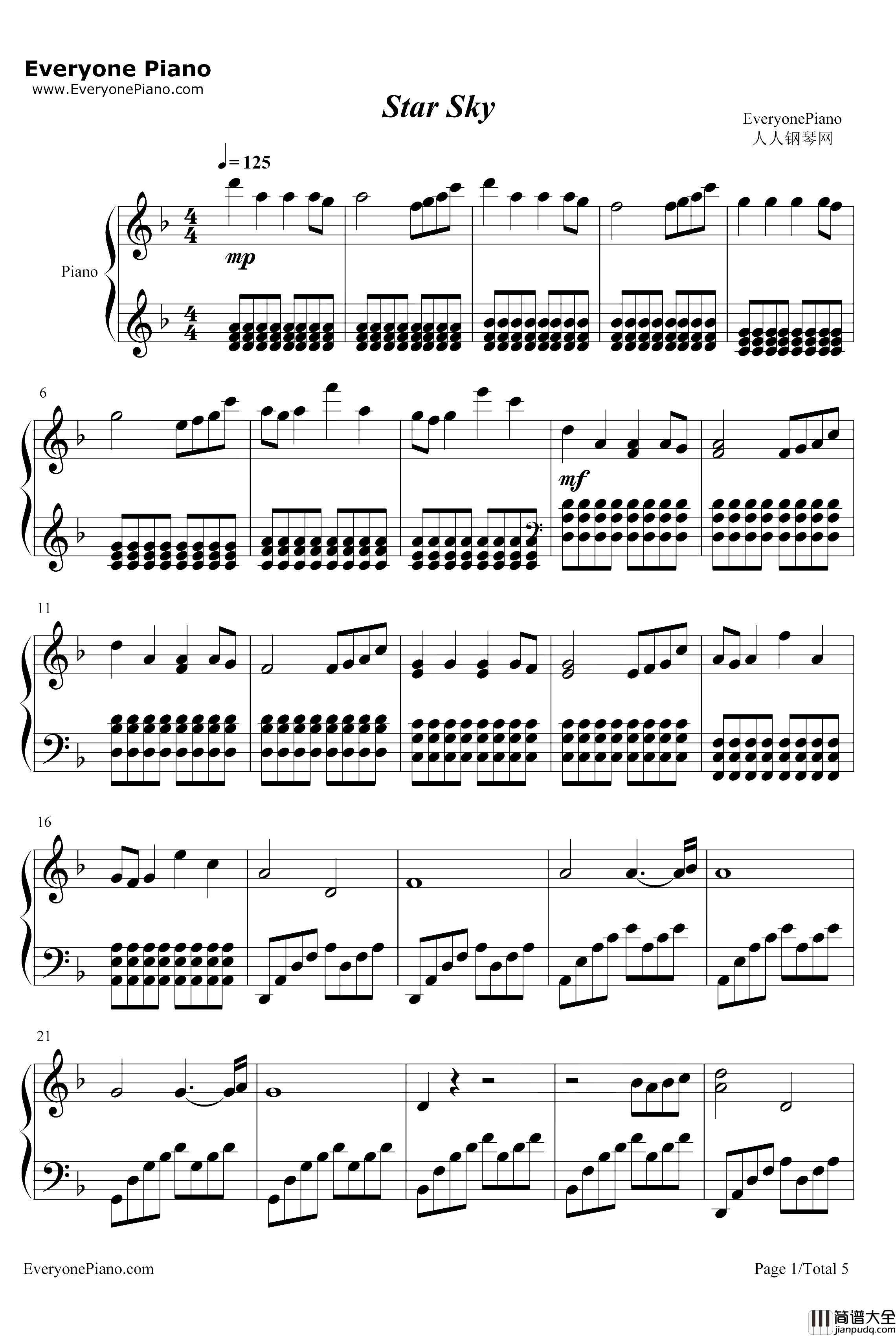 StarSky钢琴谱_TwoStepsFromHell_完美版