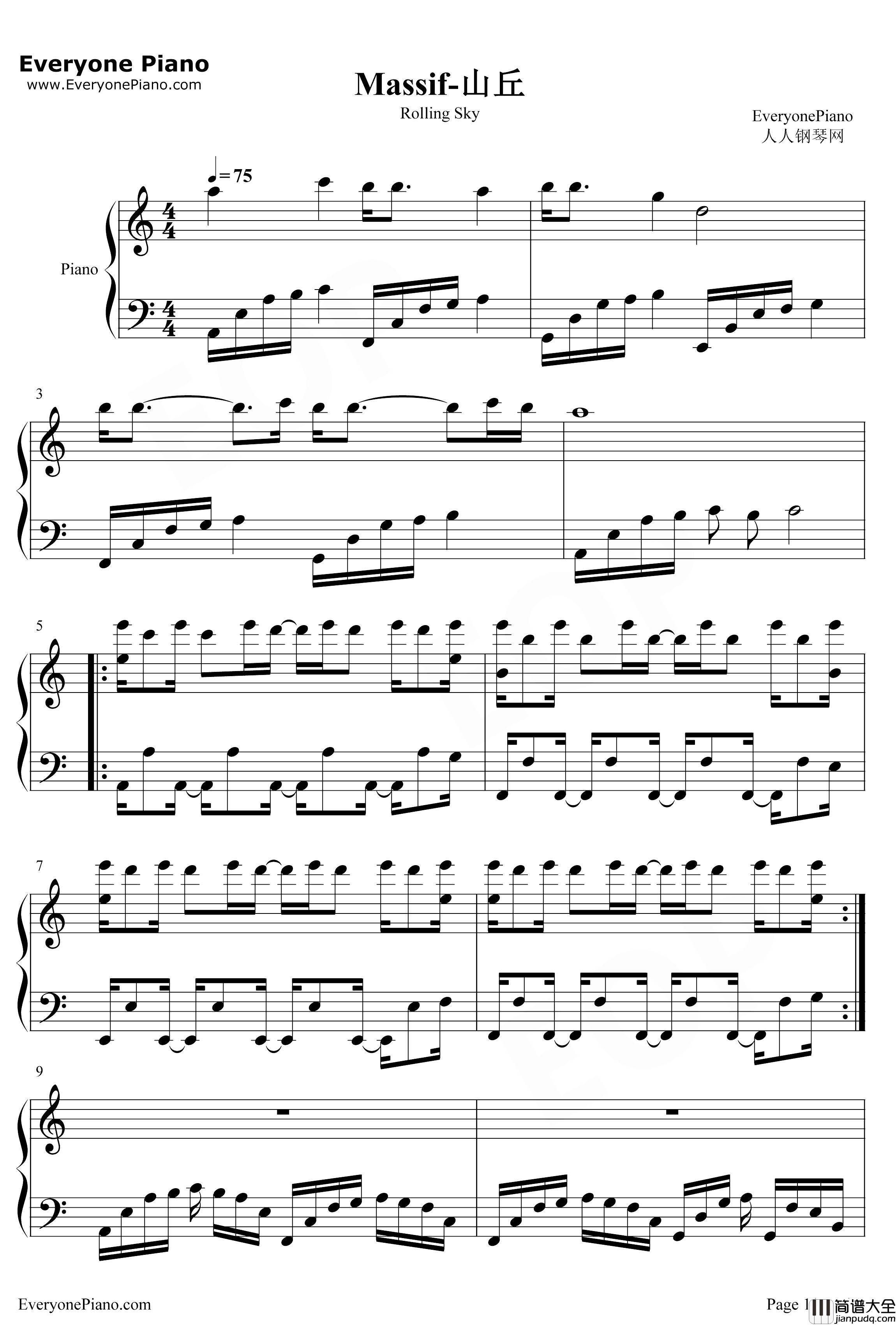 Massif钢琴谱_猎豹移动公司_山丘_滚动的天空