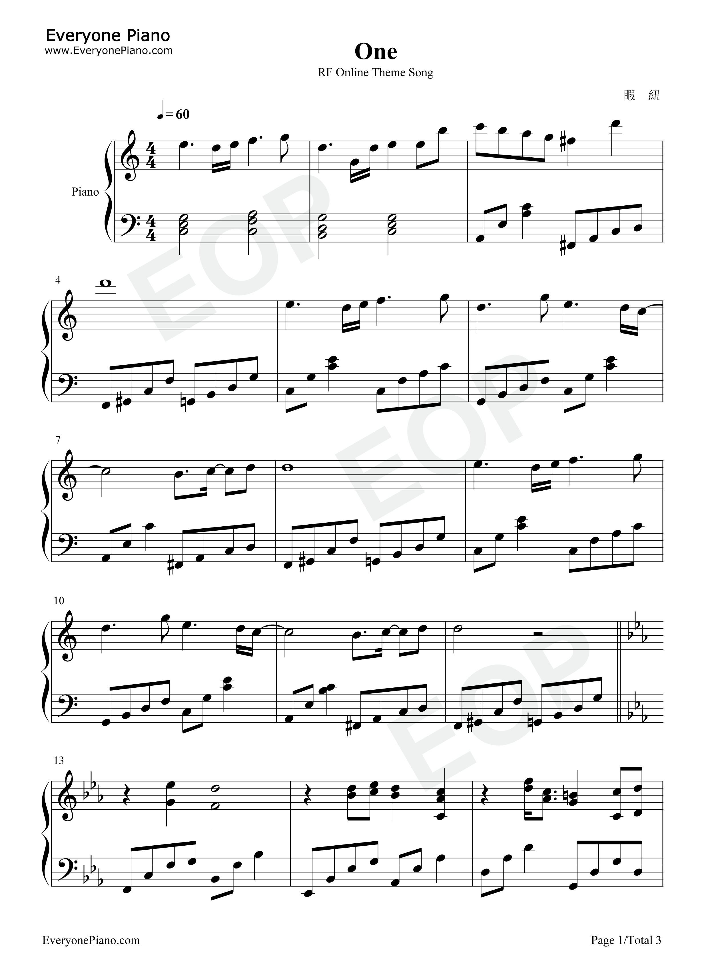 One钢琴谱_李秀英