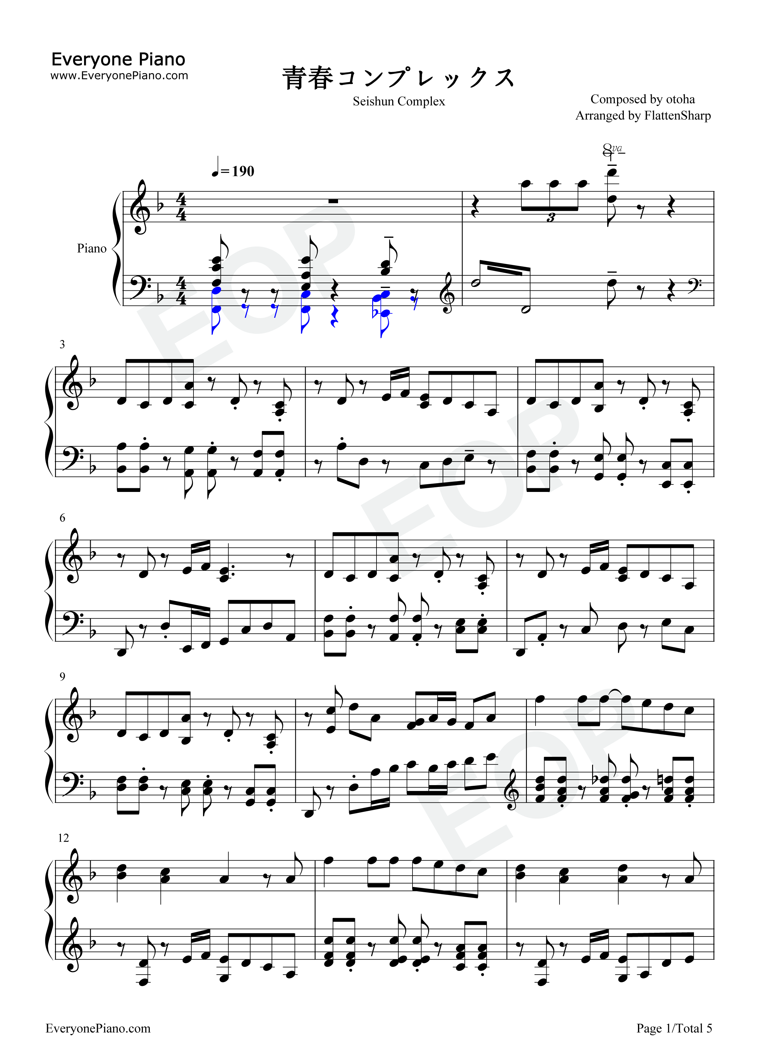 青春コンプレックス钢琴谱_結束バンド