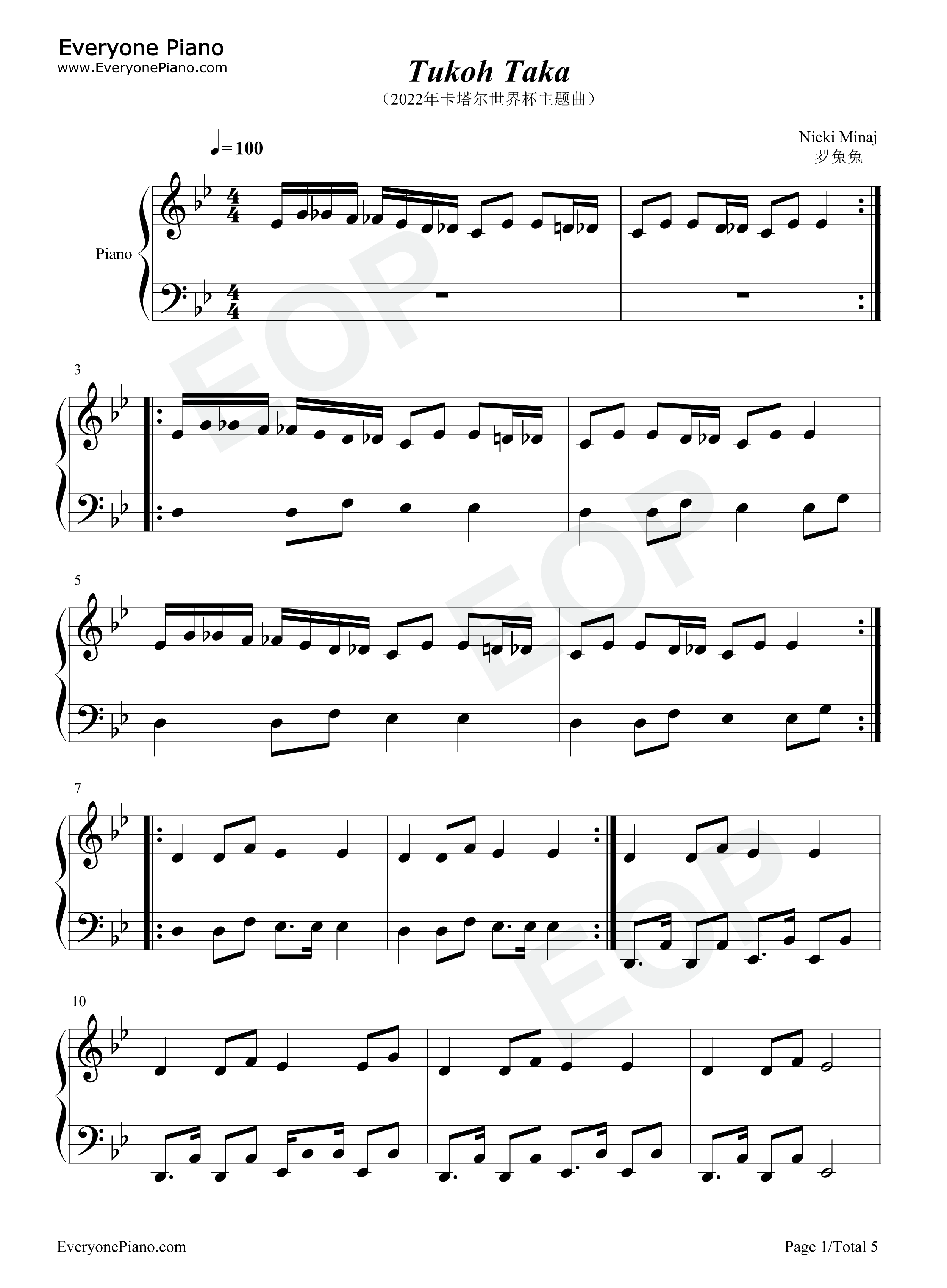 Tukoh_Taka钢琴谱_Nicki_Minaj_Maluma_Myriam_Fares