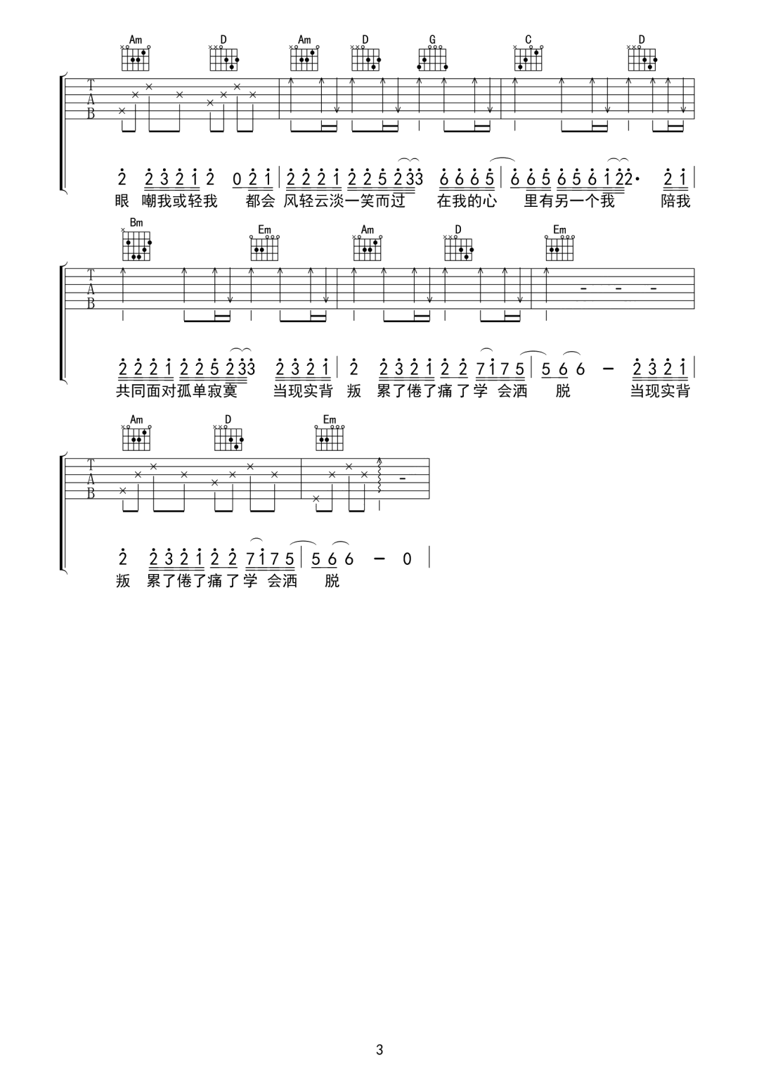 用力活着吉他谱预览图