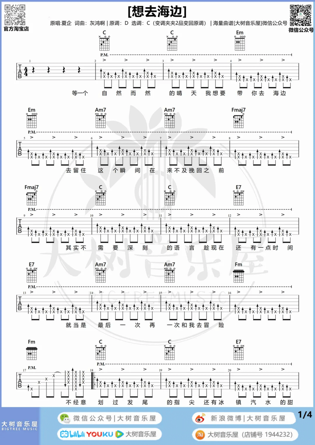 想去海边吉他谱预览图