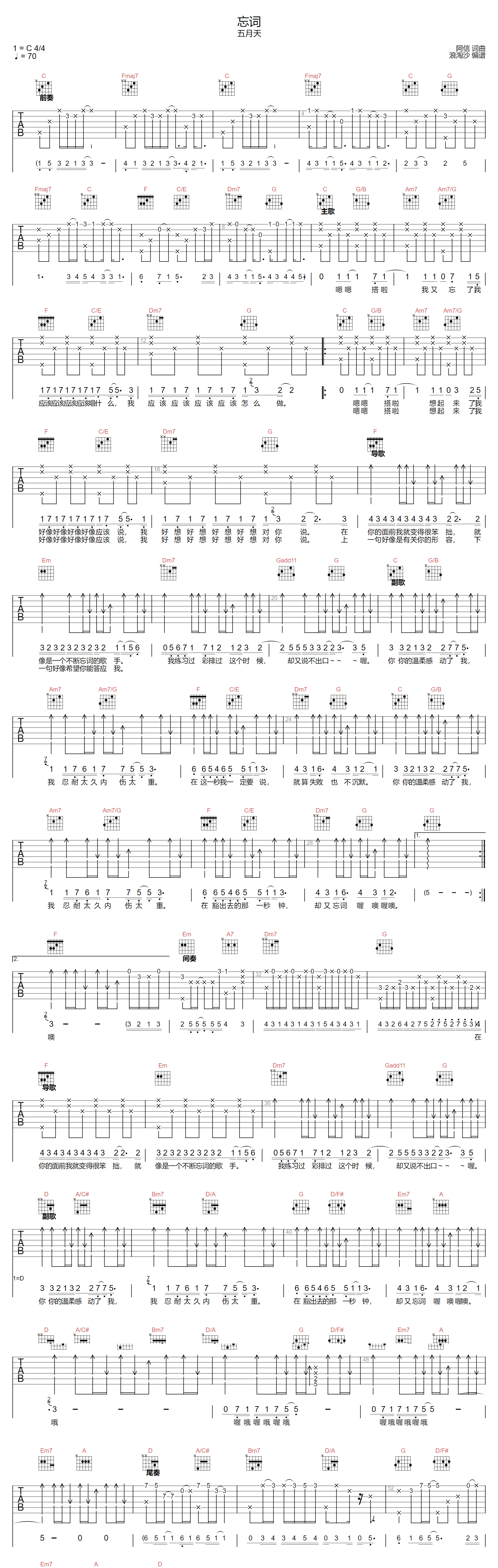 忘词吉他谱预览图