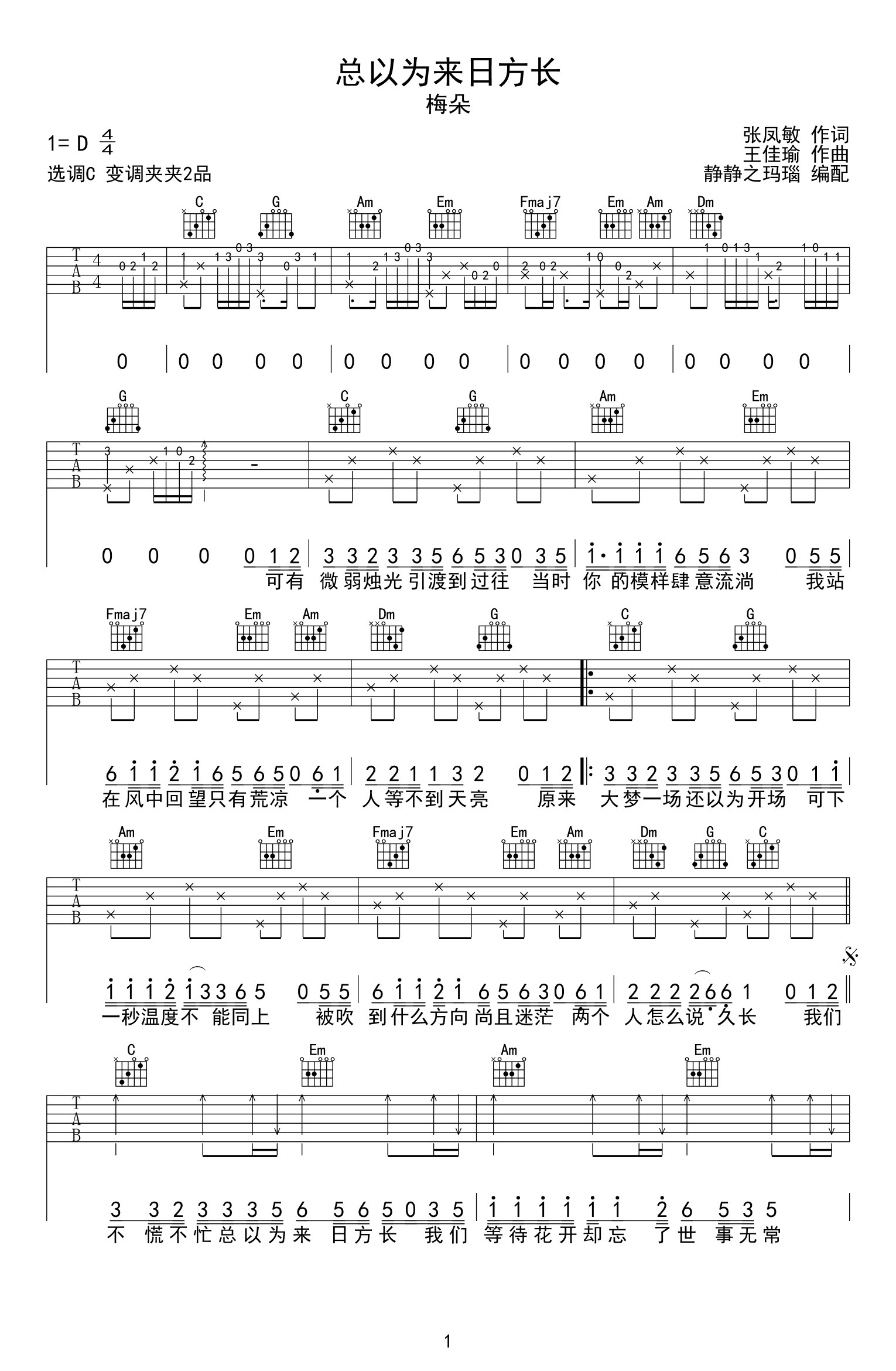 总以为来日方长吉他谱预览图