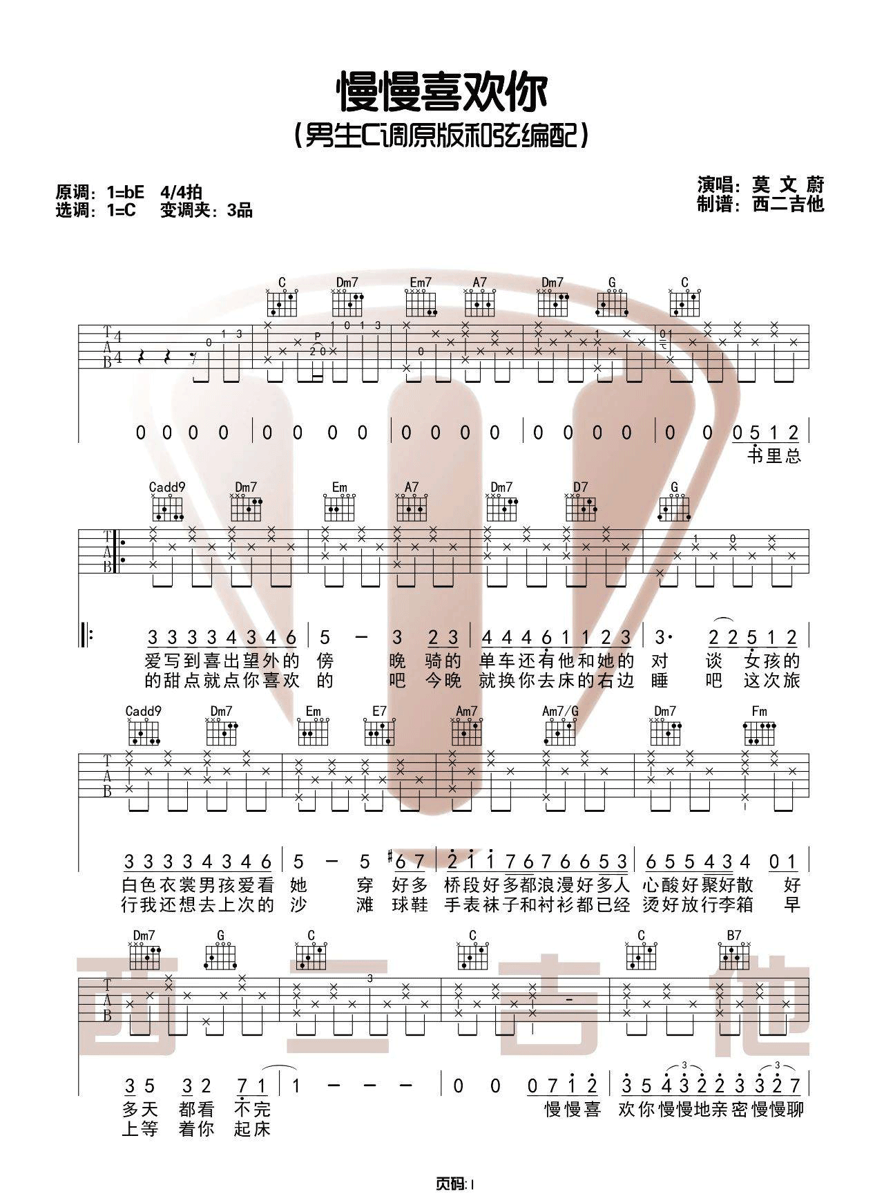 慢慢喜欢你吉他谱预览图