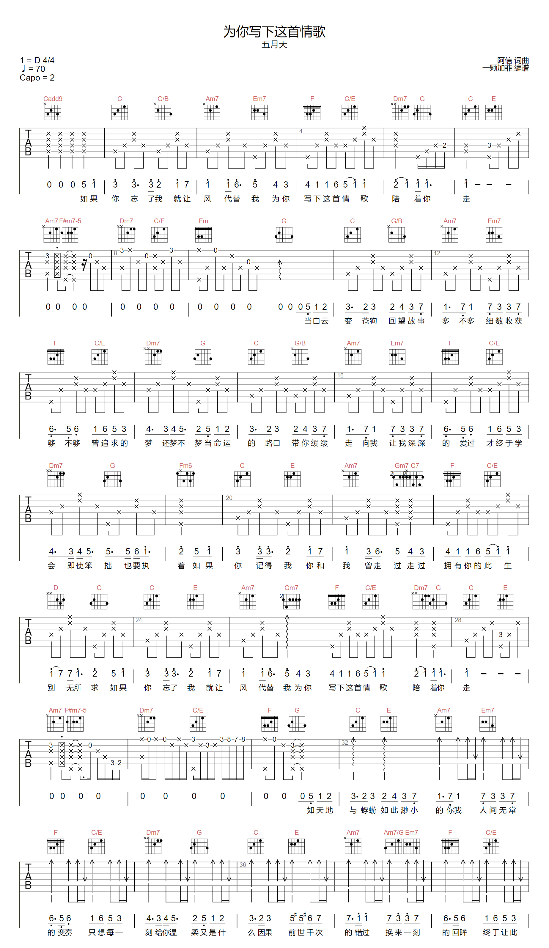 为你写下这首情歌吉他谱预览图