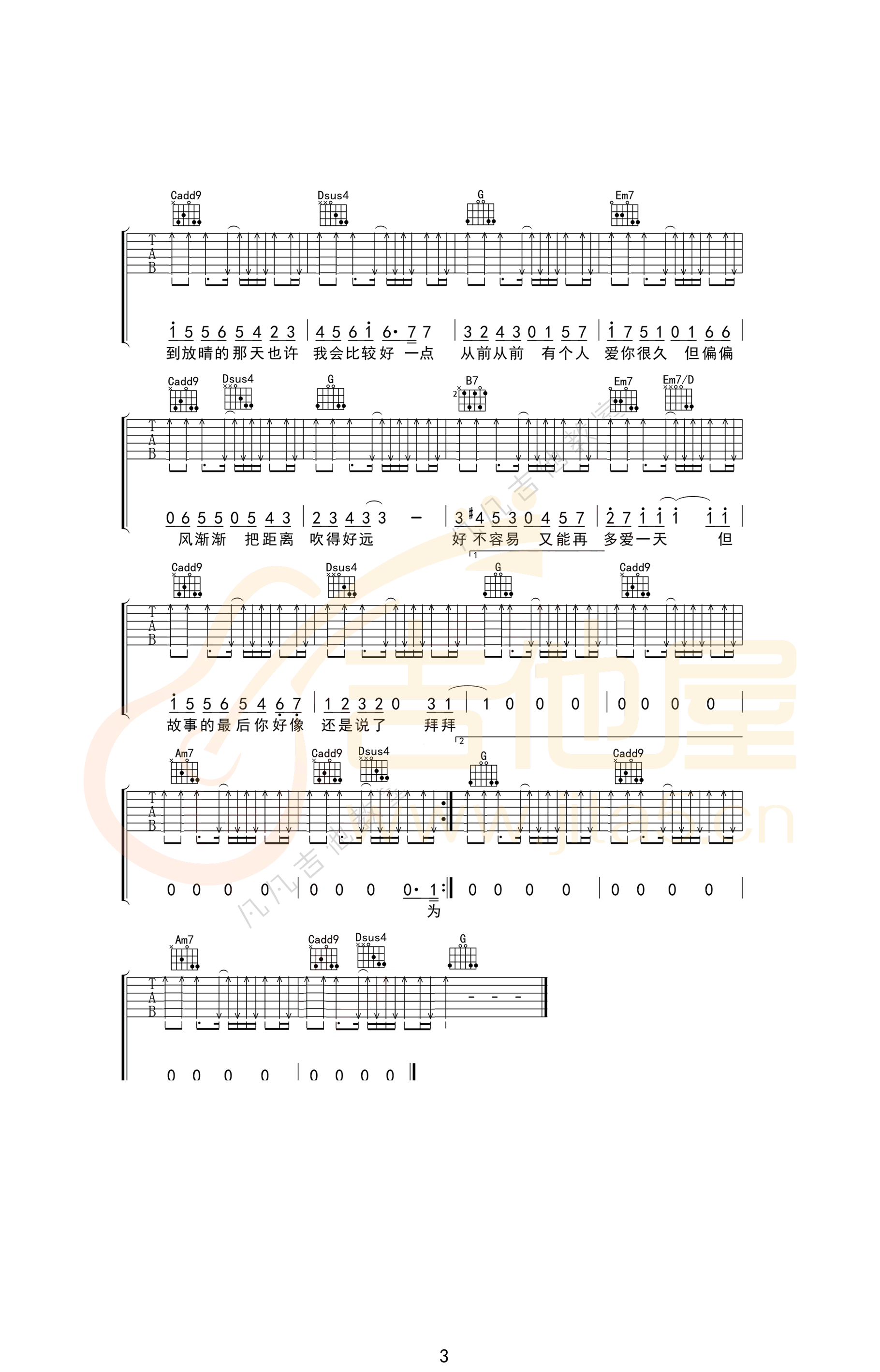 晴天吉他谱预览图
