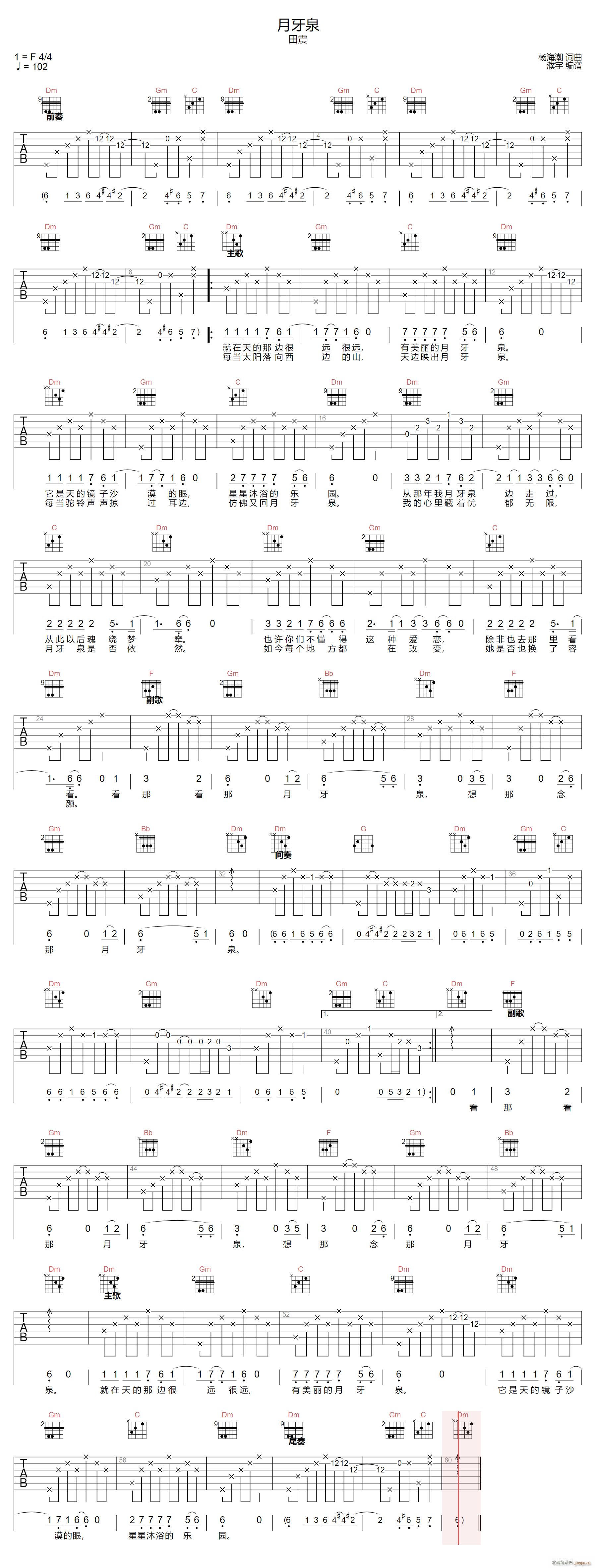 月牙泉 F调指法原版编配(吉他谱)1