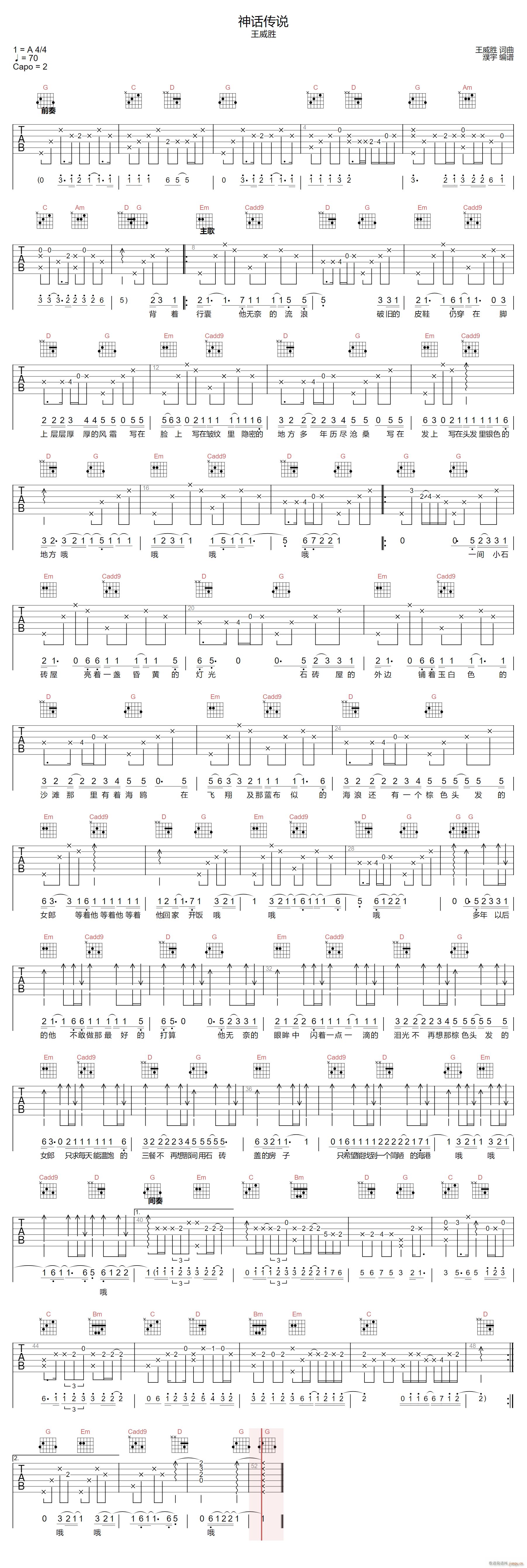 神话传说 G调指法原版编配(吉他谱)1