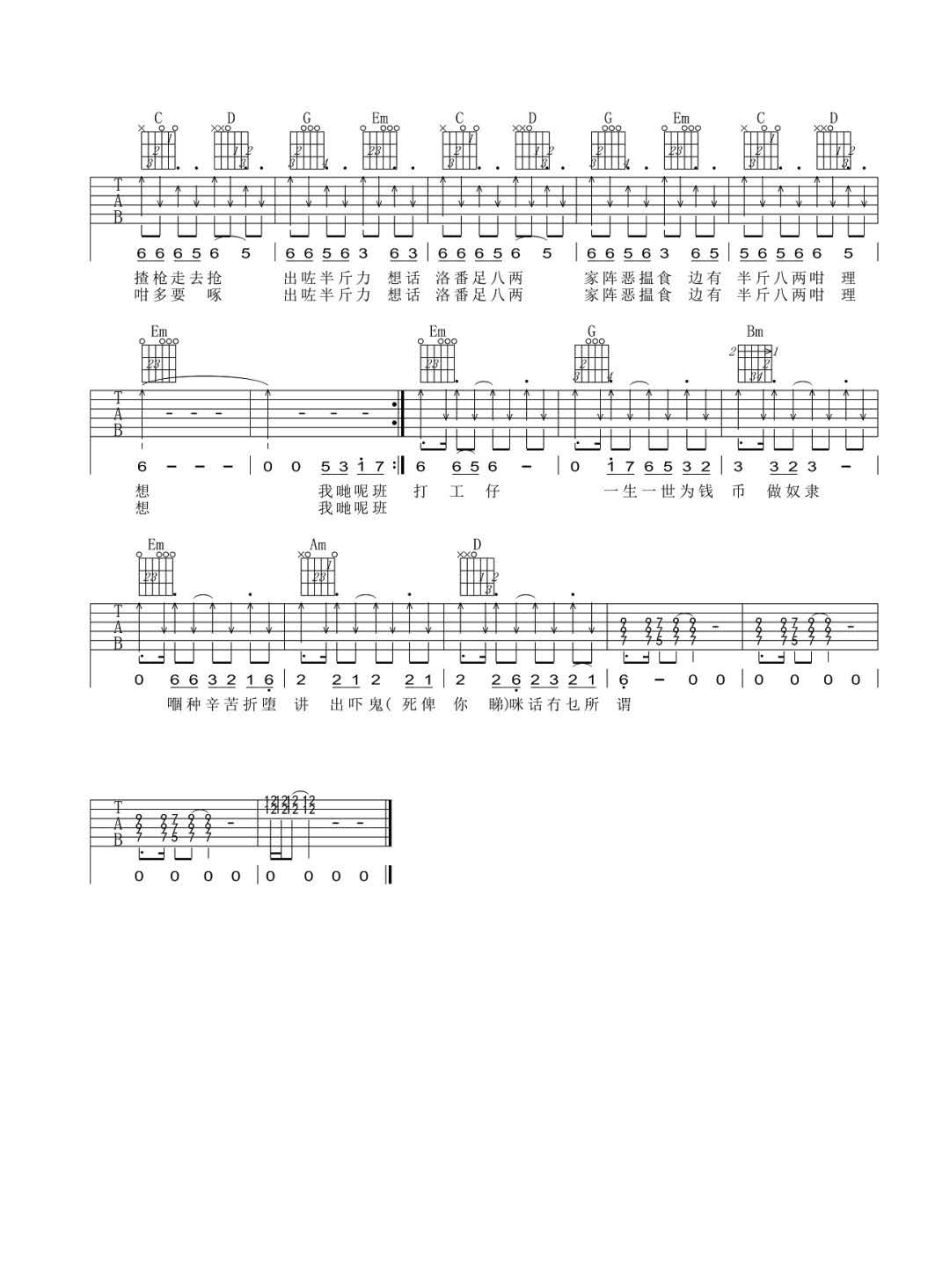 半斤八两吉他谱2-许冠杰-G调指法