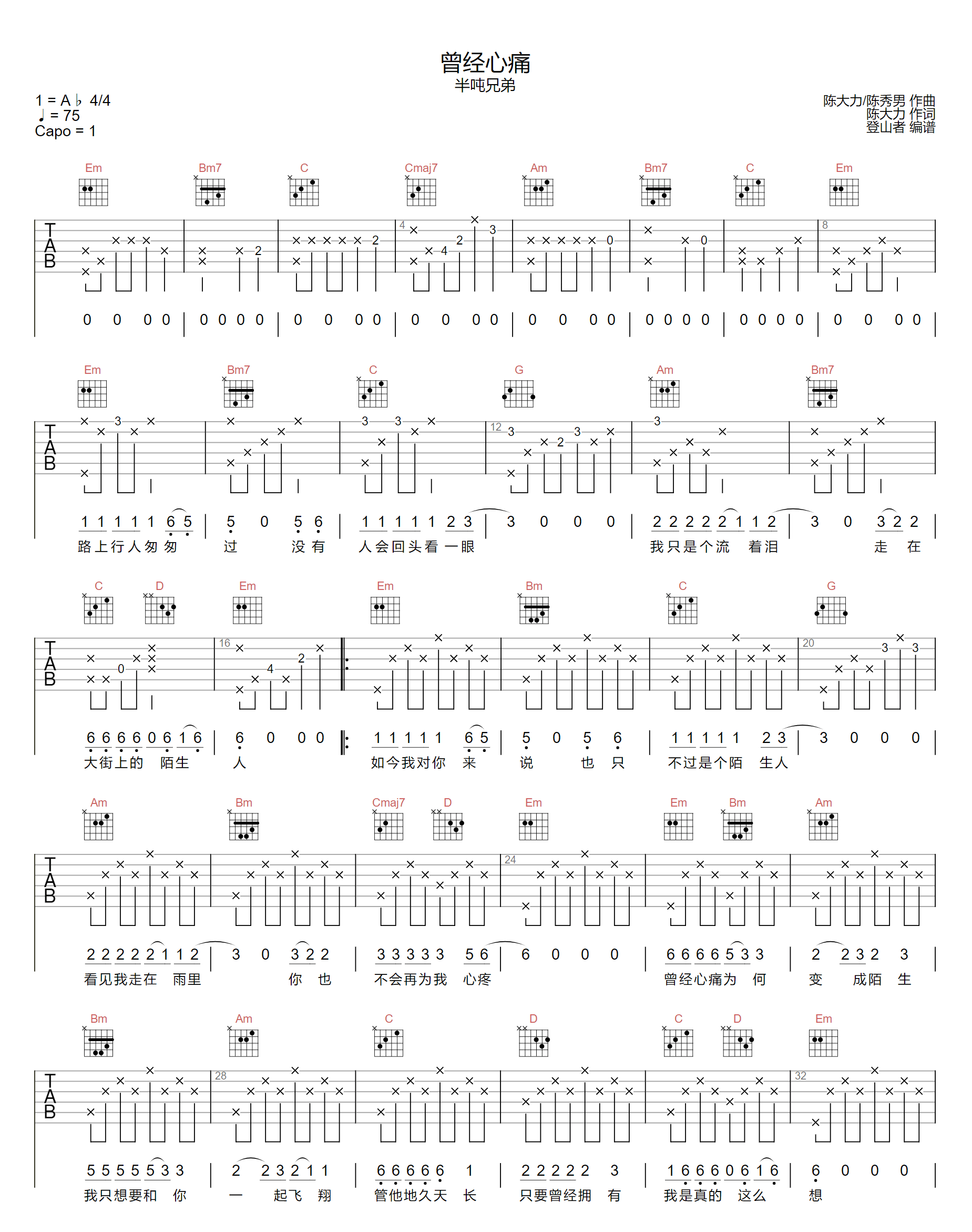 曾经心痛吉他谱1-小阿枫-G调指法