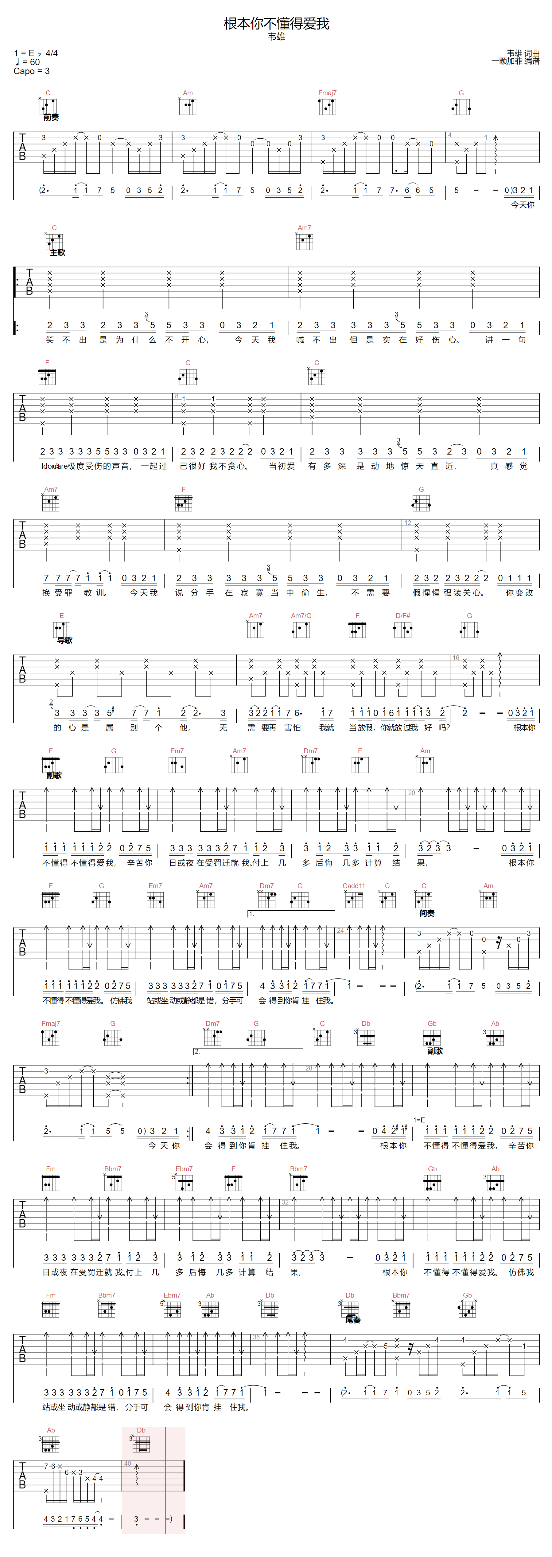根本你不懂得爱我吉他谱-韦雄-C调指法