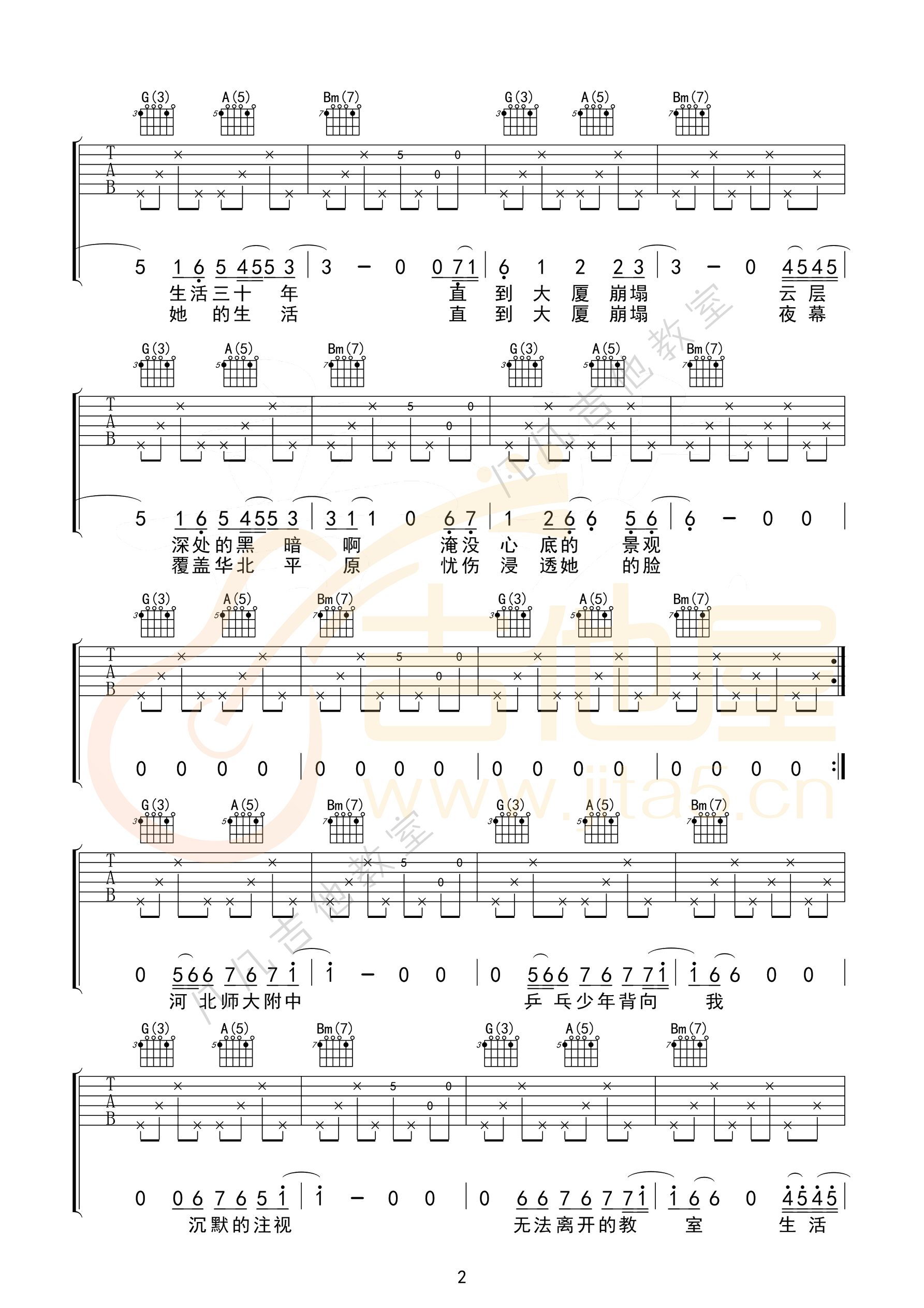 杀死那个石家庄人吉他谱2-万能青年旅店-D调指法