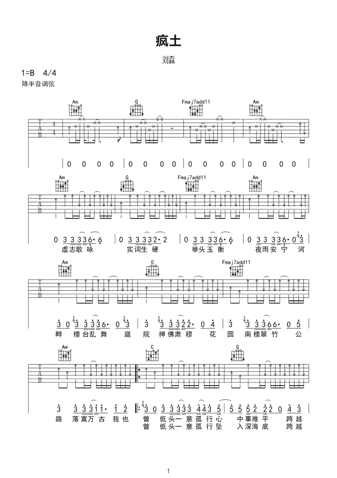 疯土吉他谱1-刘森-C调指法