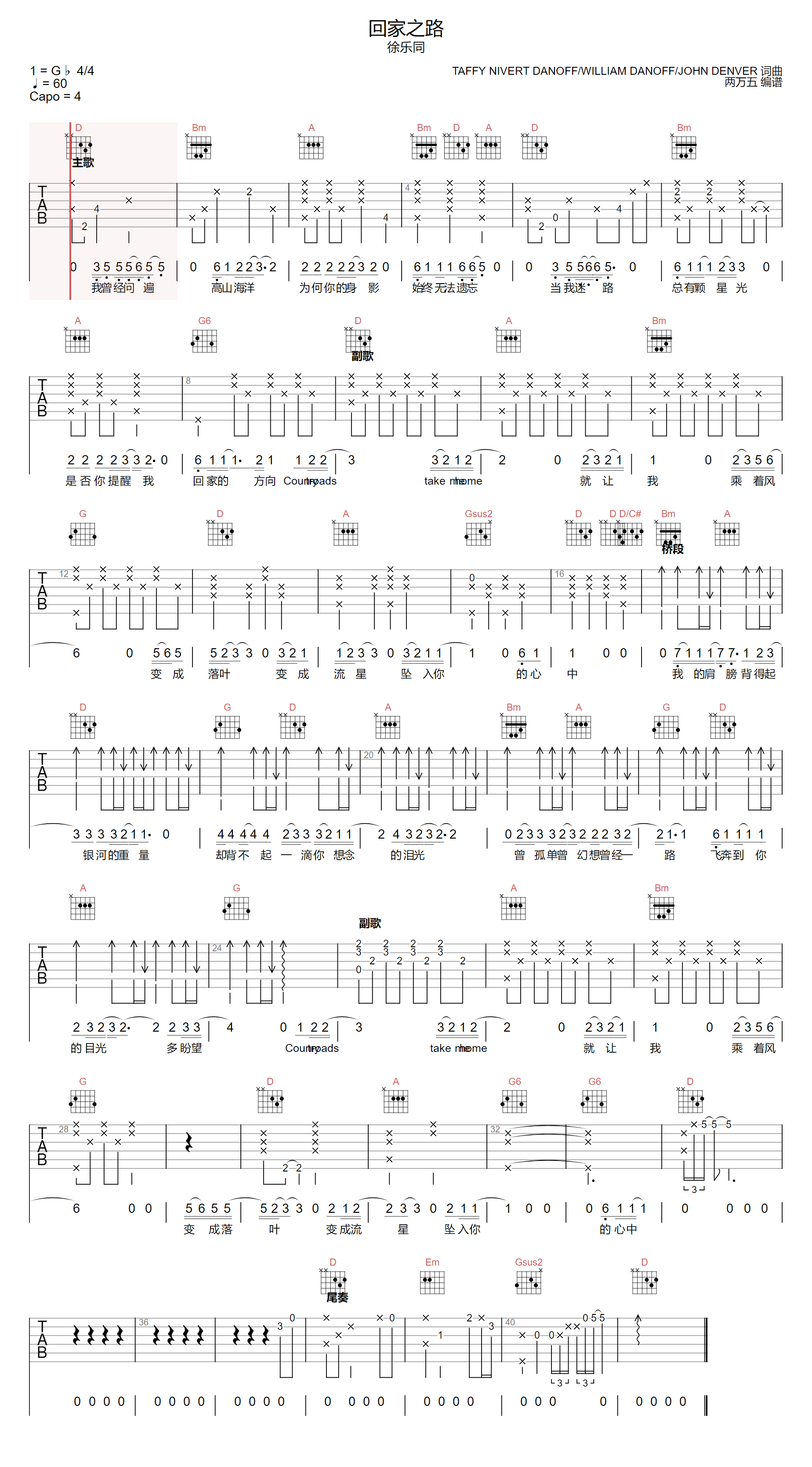 回家之路吉他谱-徐乐同-D调指法