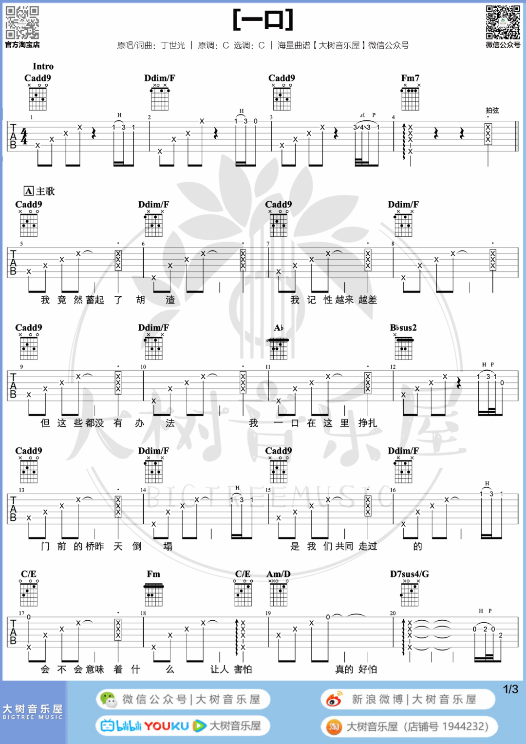 一口吉他谱1-丁世光-C调指法