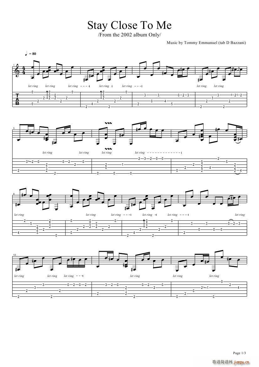 tommy emmanuel stay close to me 指弹吉它(吉他谱)1