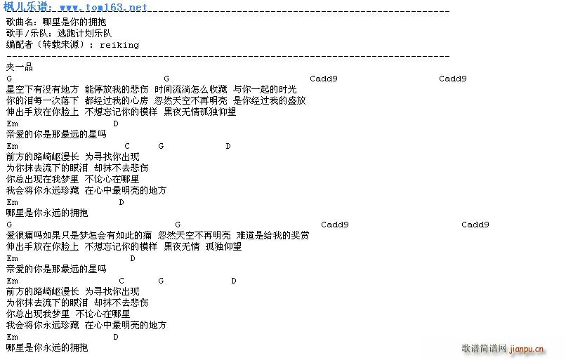 哪里是你的拥抱吉他(吉他谱)1