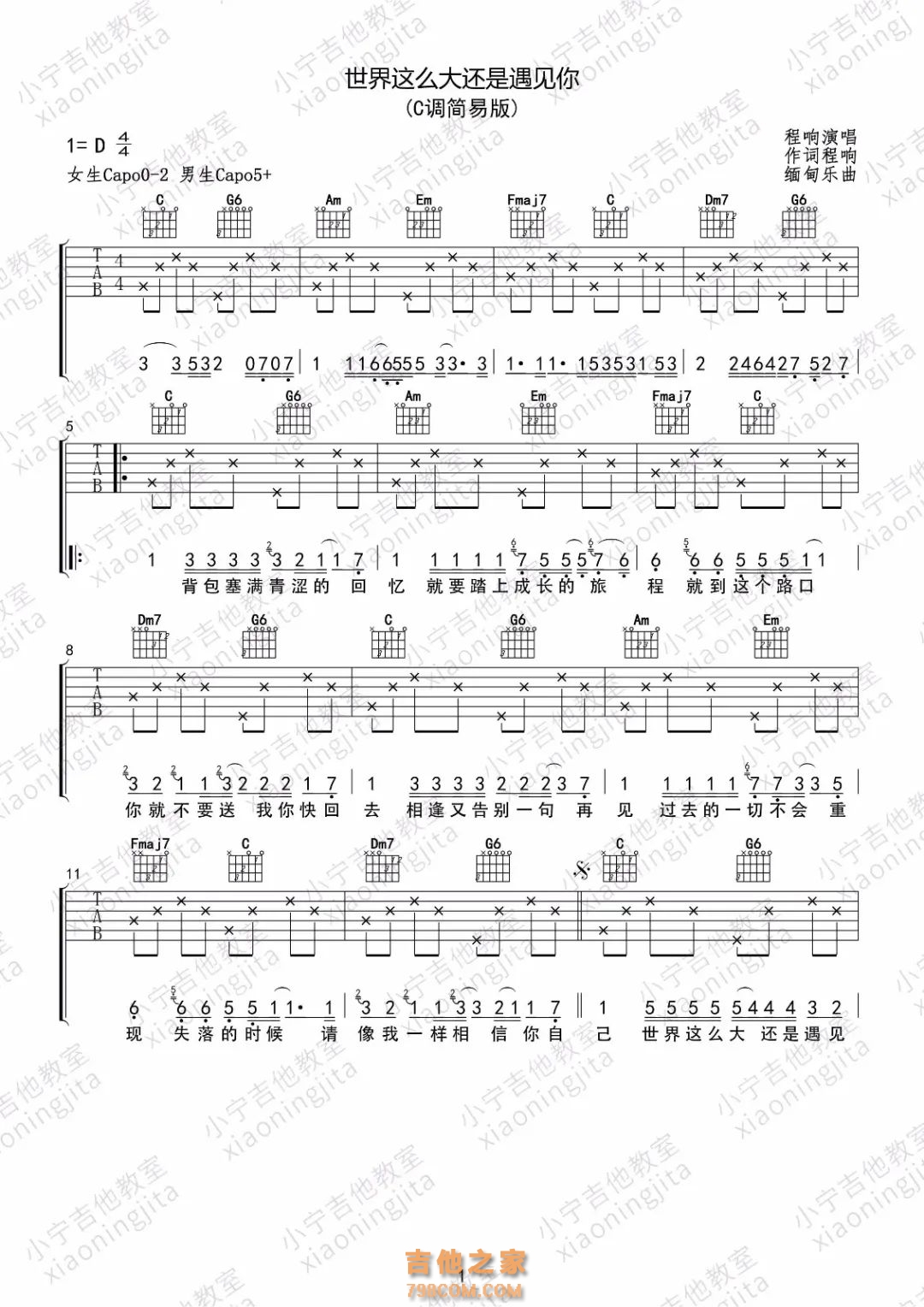 [女生版]世界这么大还是遇见你吉他谱 C调版