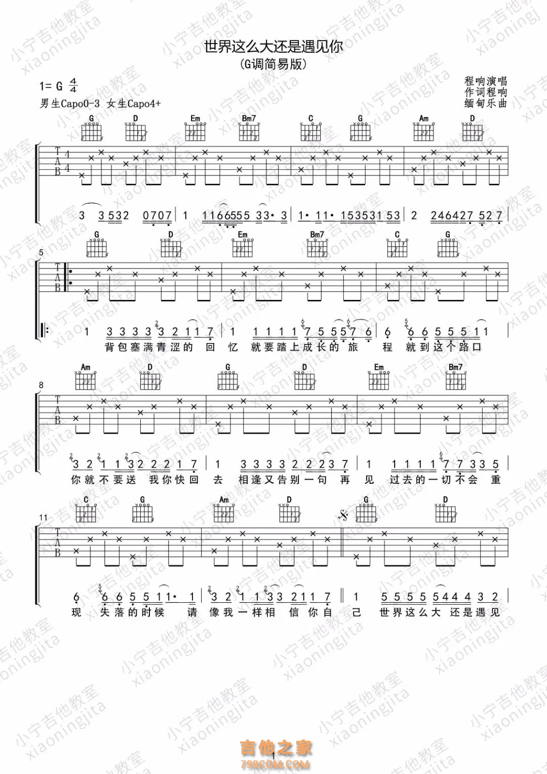 [男生版]世界这么大还是遇见你吉他谱G调版