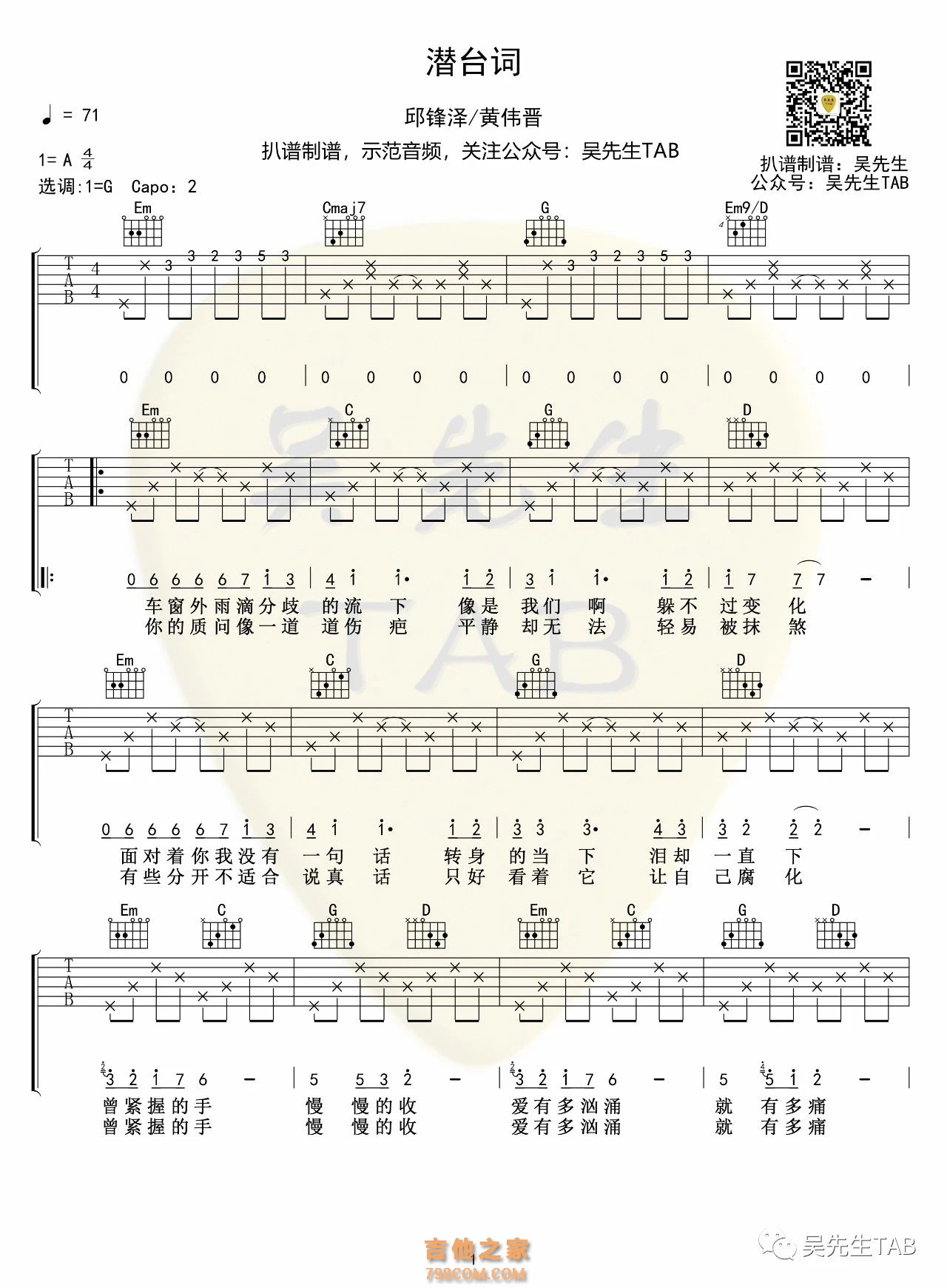 邱锋泽 / 黄伟晋《潜台词》吉他谱