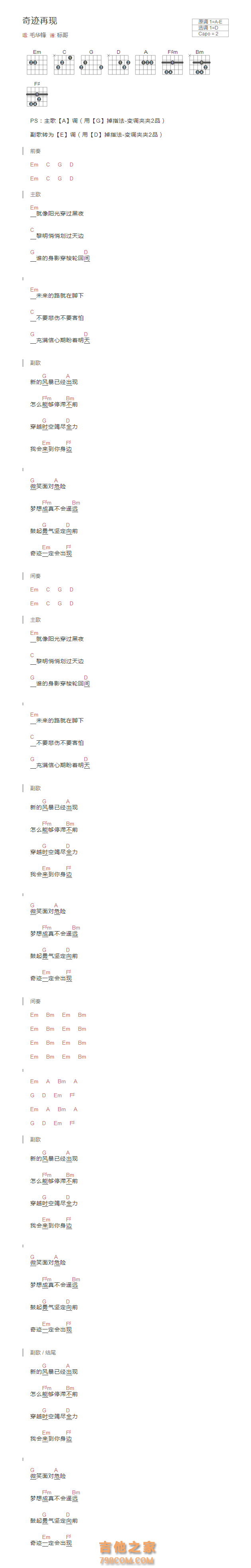 奇迹再现吉他谱和弦版 毛华锋