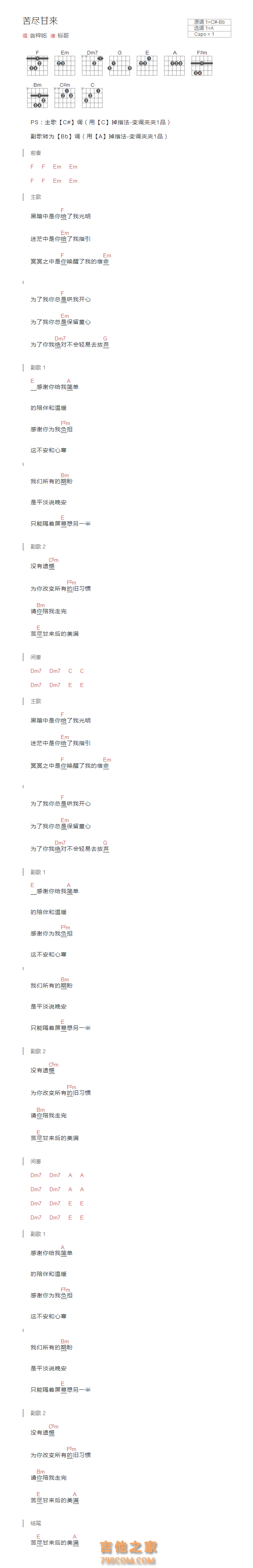 苦尽甘来吉他谱和弦版 翁梓铭
