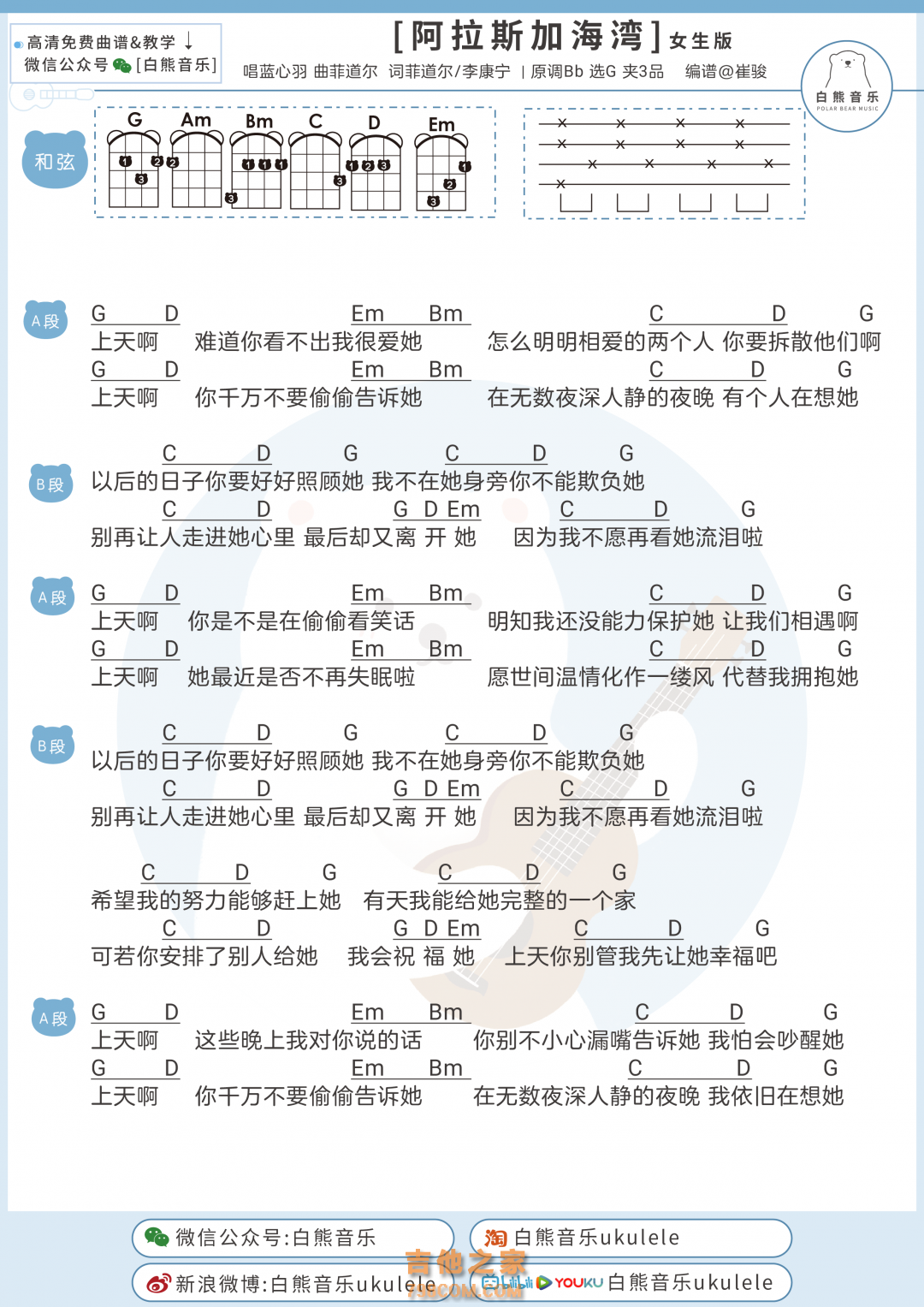 [女生版]菲道尔/蓝心羽《阿拉斯加海湾》尤克里里弹唱谱