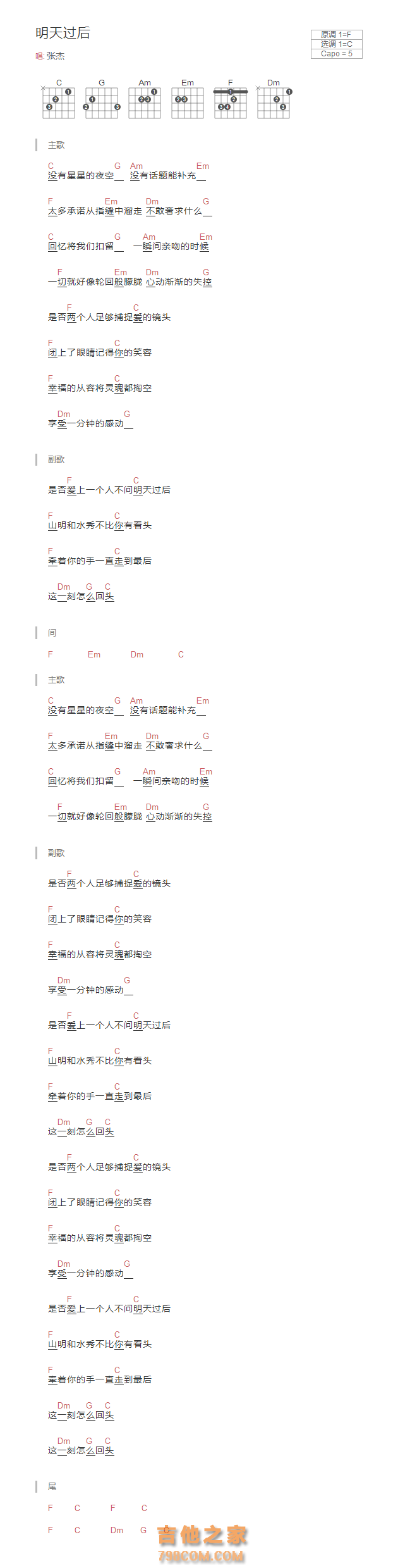 [演出用]明天过后吉他谱和弦版 张杰
