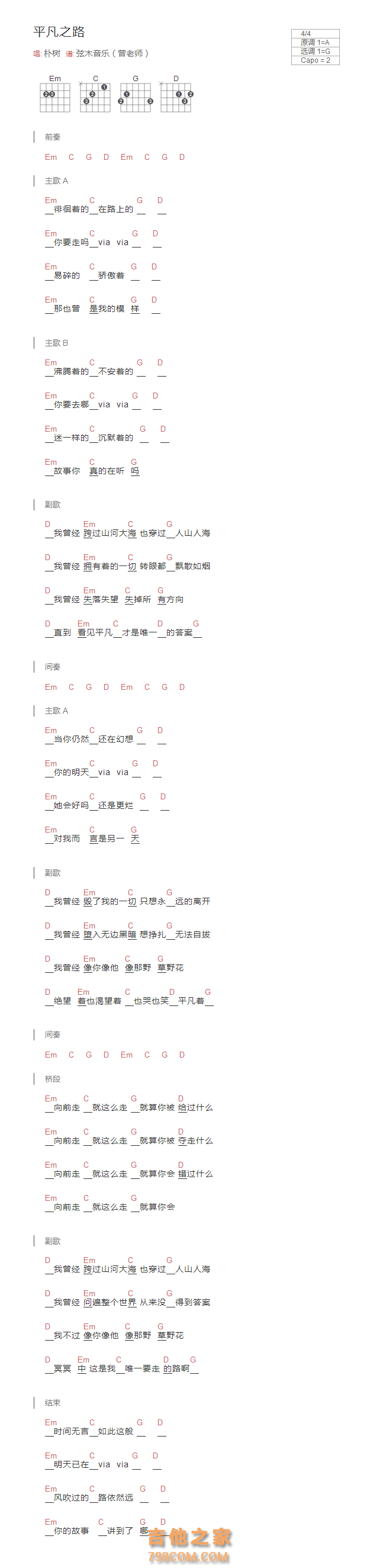 平凡之路吉他谱和弦版 朴树