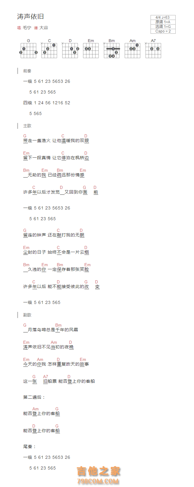 涛声依旧吉他谱和弦版 毛宁
