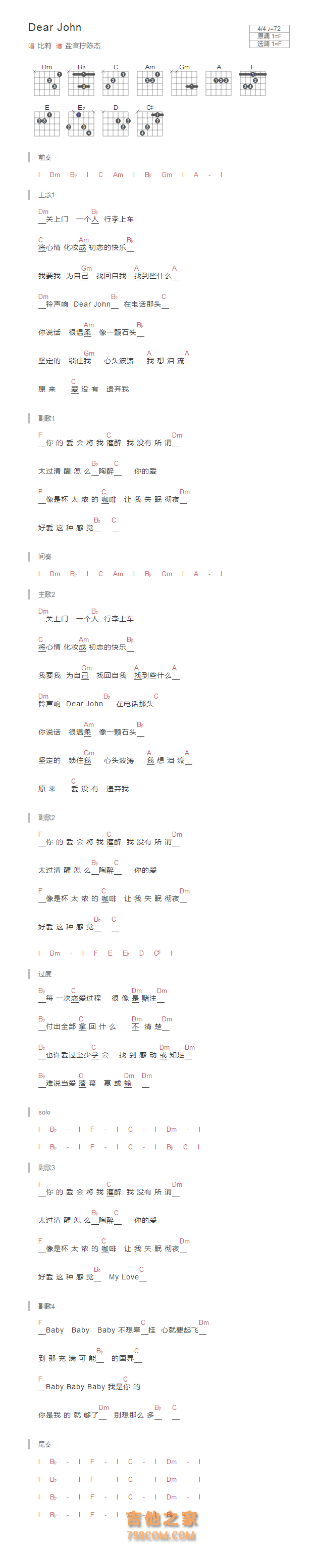 [乐队排练普]Dear John吉他谱F调和弦版 比莉