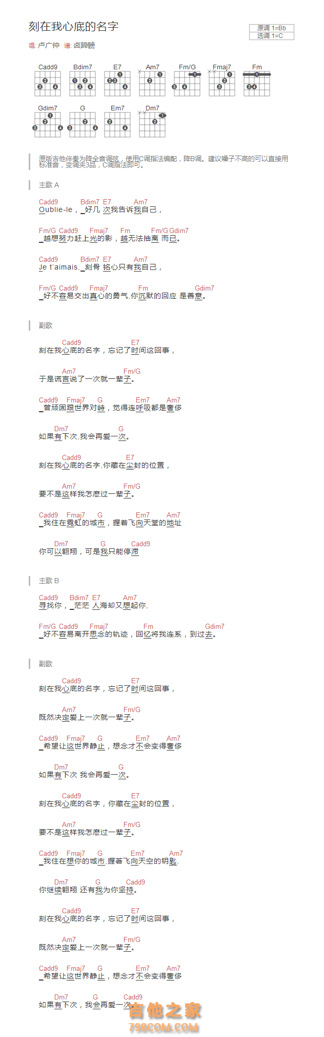 刻在我心底的名字吉他谱和弦版 卢广仲