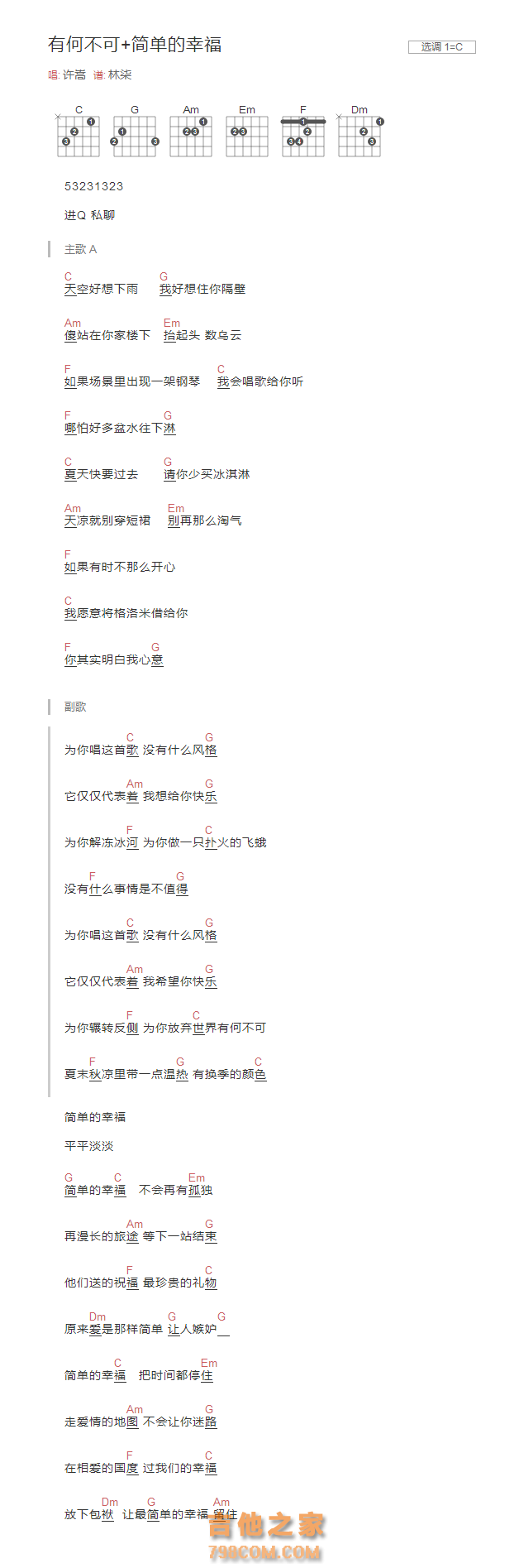 [串烧]有何不可+简单的幸福吉他谱C调和弦版 许嵩