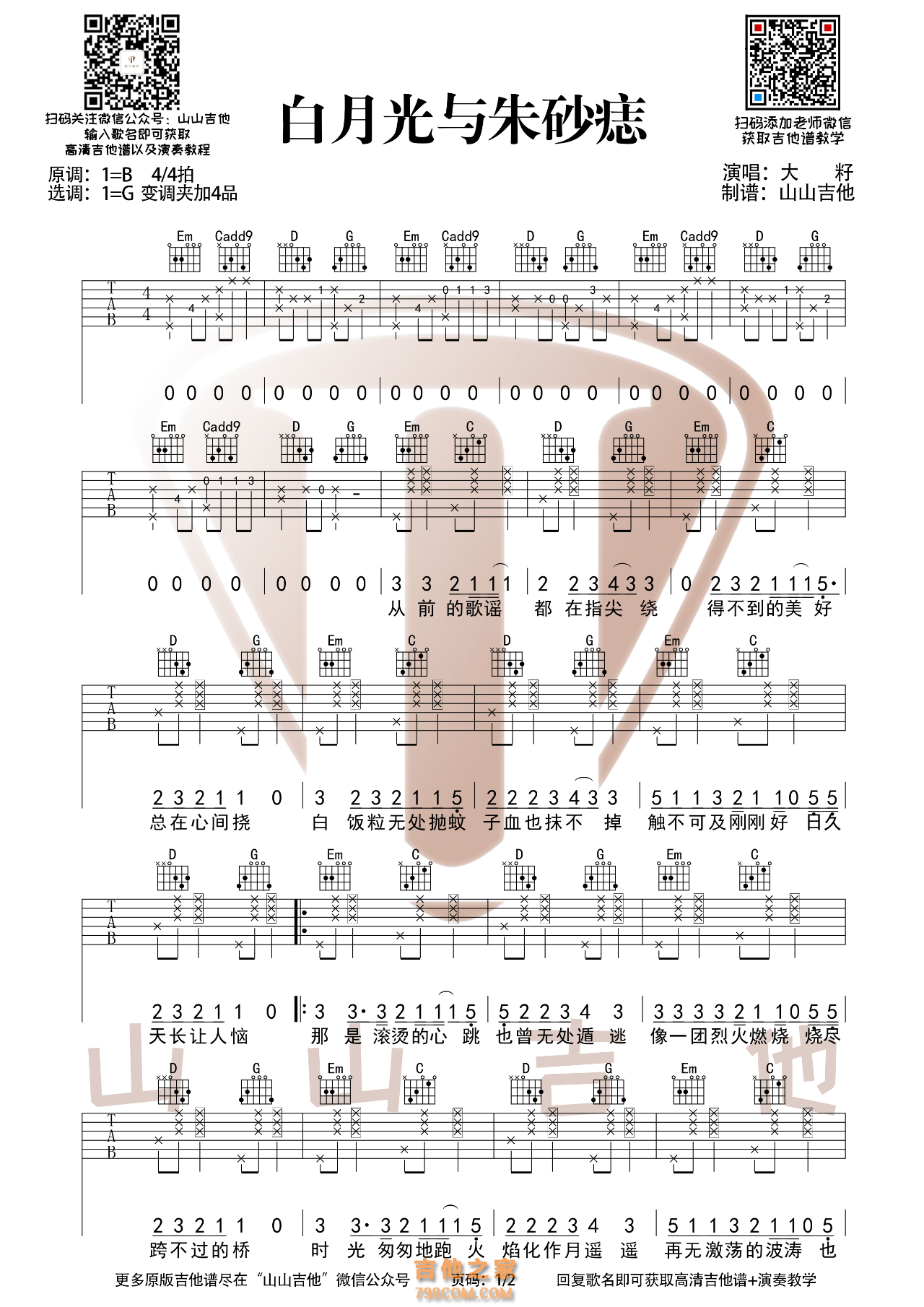 白月光与朱砂痣吉他谱 大籽