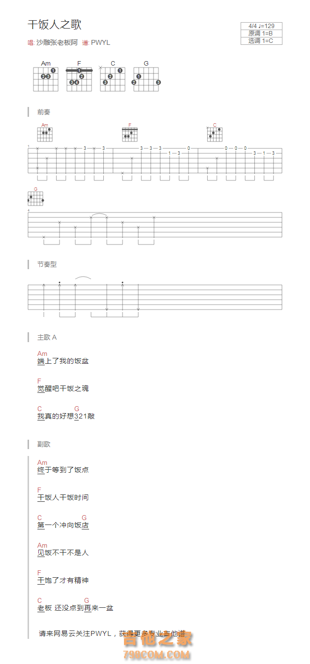 干饭人之歌吉他谱和弦版 沙雕张老板阿