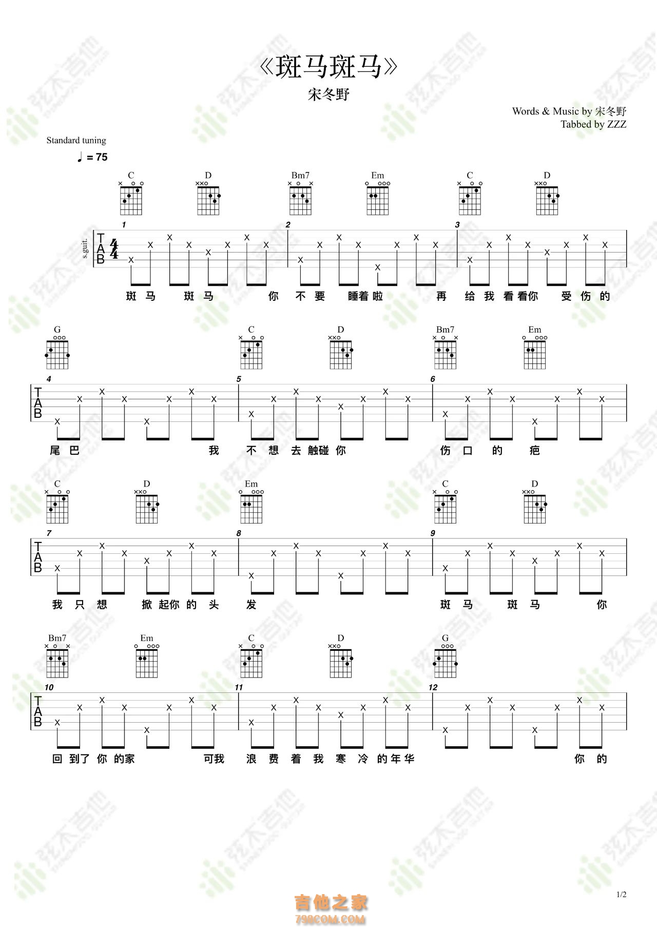 宋冬野《斑马斑马》吉他弹唱谱