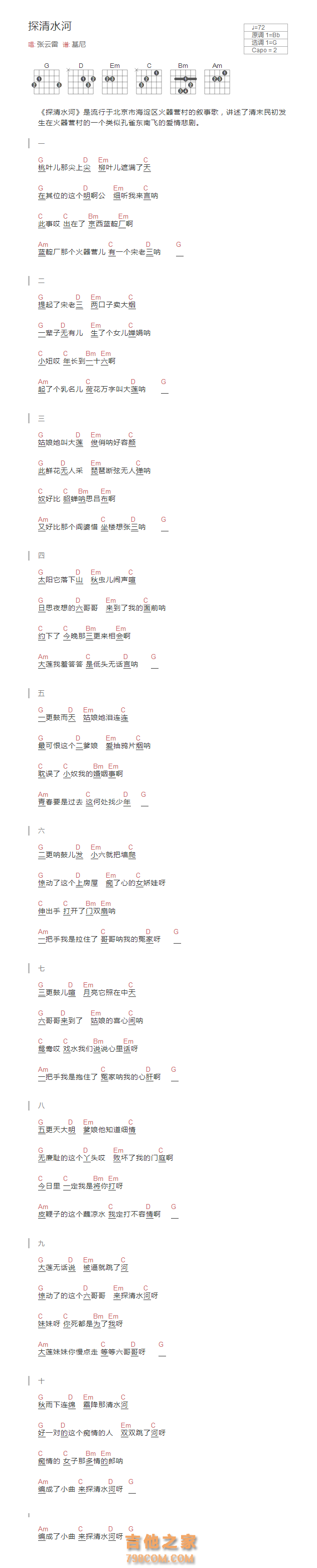 [完整版]探清水河吉他谱和弦版 张云雷