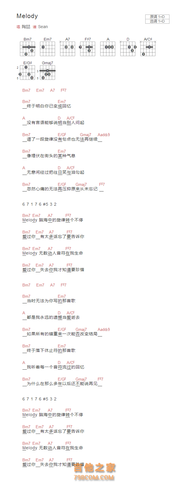 Melody吉他谱D调和弦版 陶喆