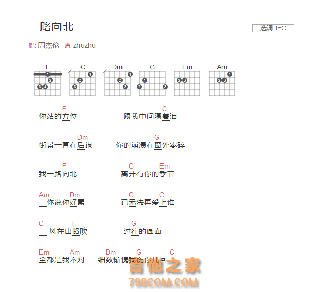 一路向北吉他谱C调和弦版 周杰伦