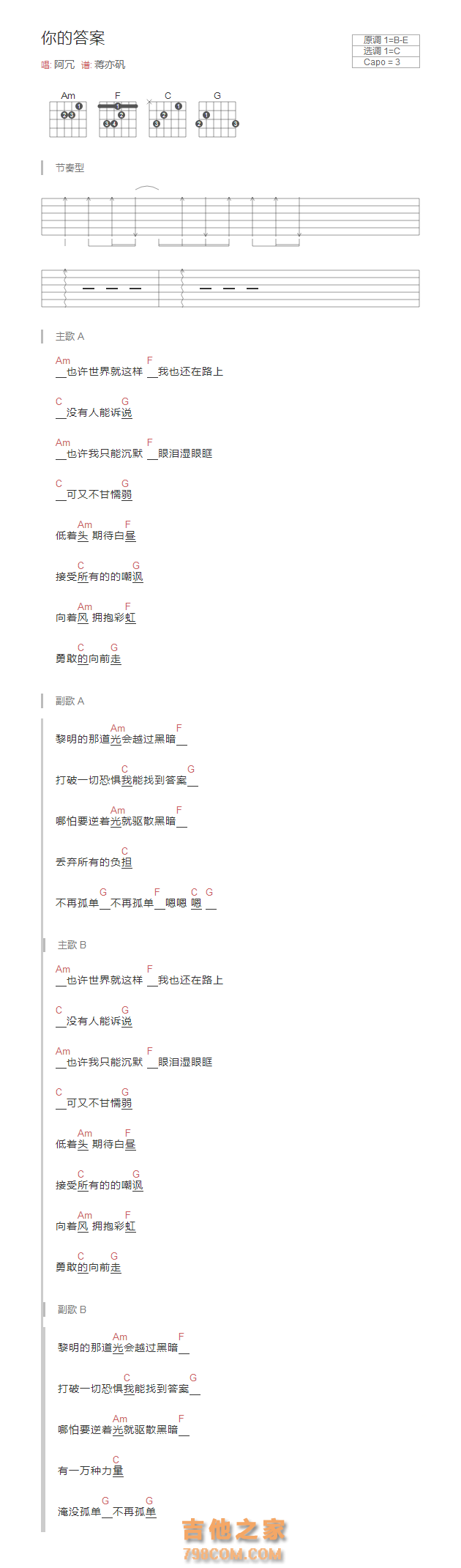 [降E原版]你的答案吉他谱和弦版 阿冗