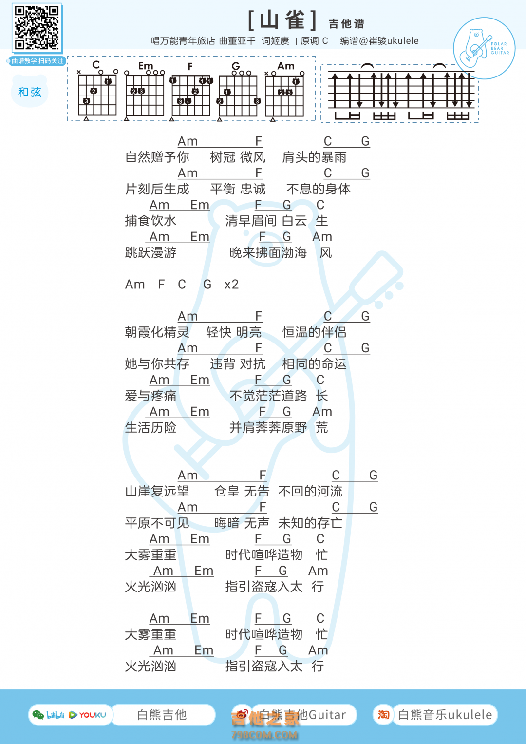 万能青年旅店《山雀》吉他谱