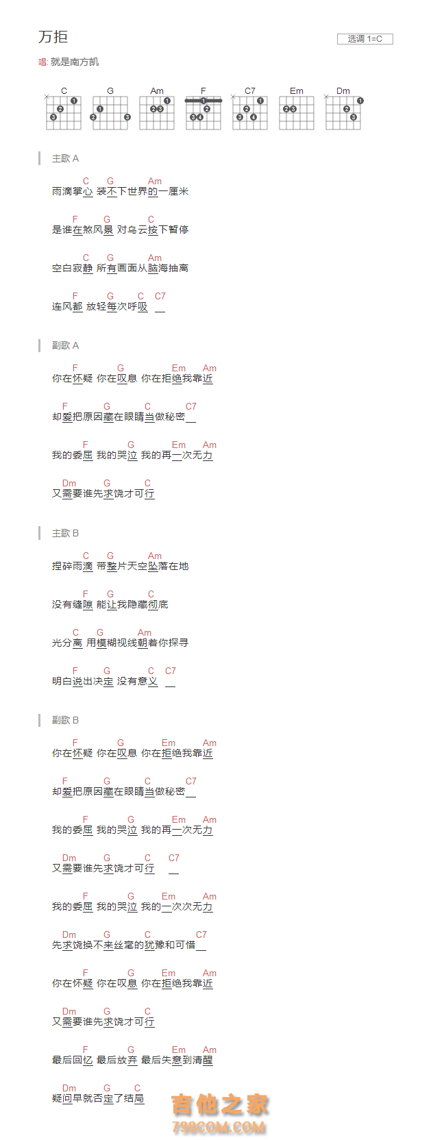 万拒吉他谱C调和弦版 就是南方凯