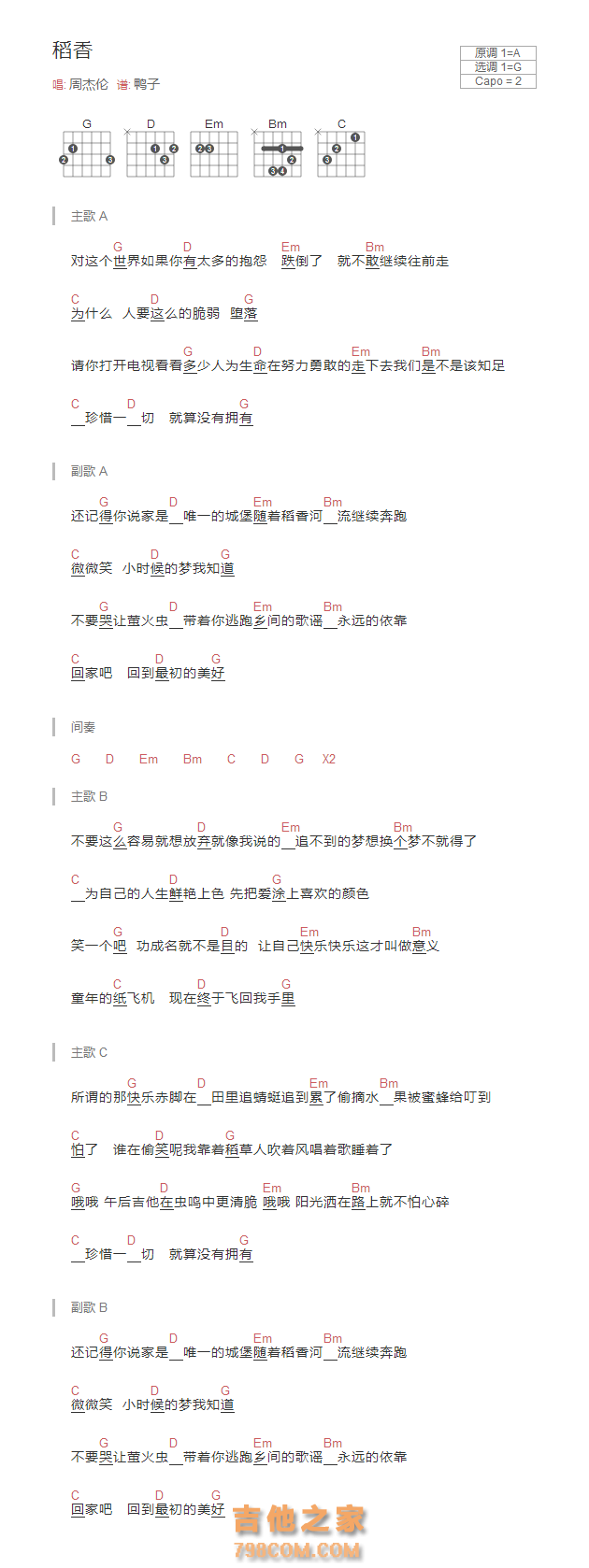 稻香吉他谱和弦版 周杰伦