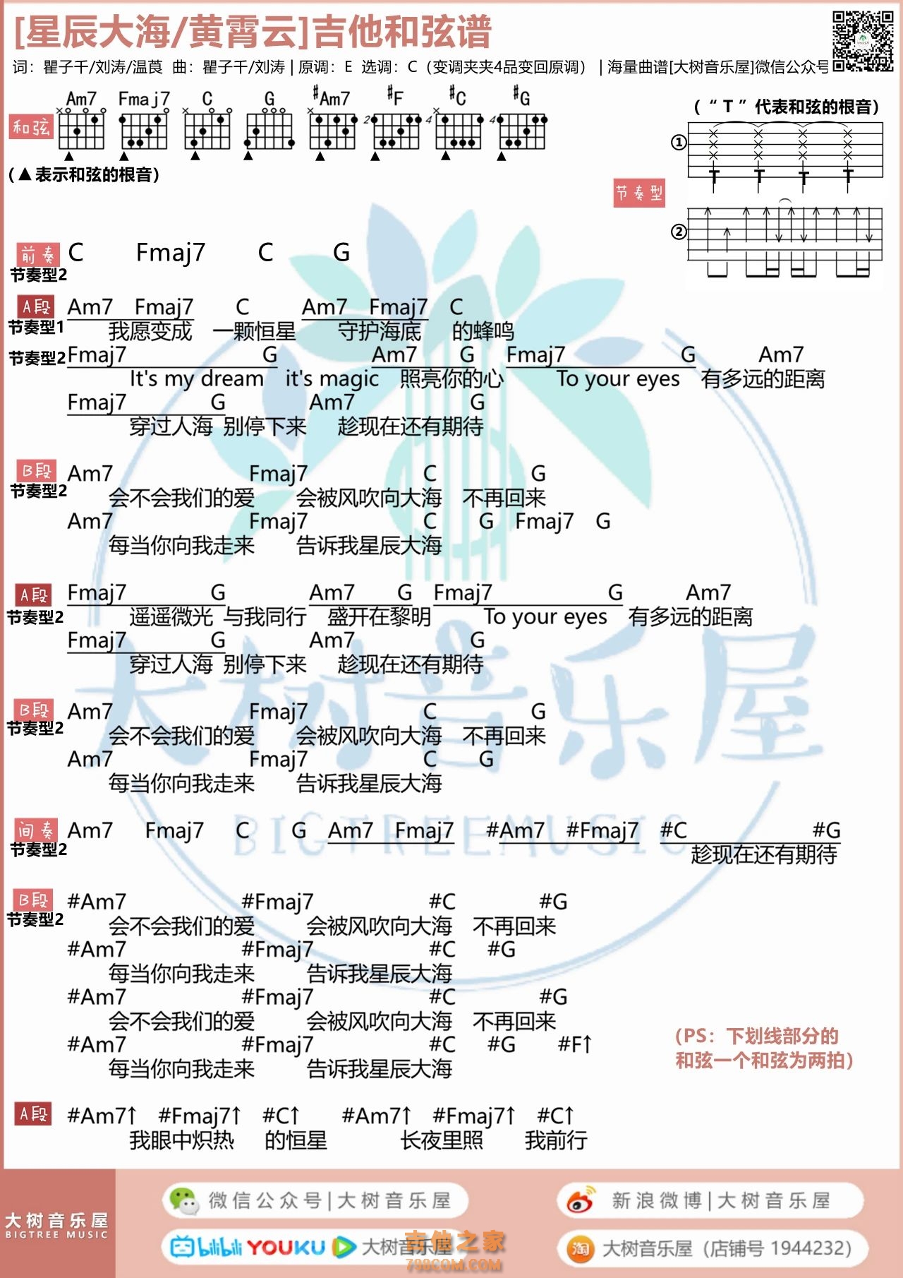 黄霄云《星辰大海》吉他弹唱谱