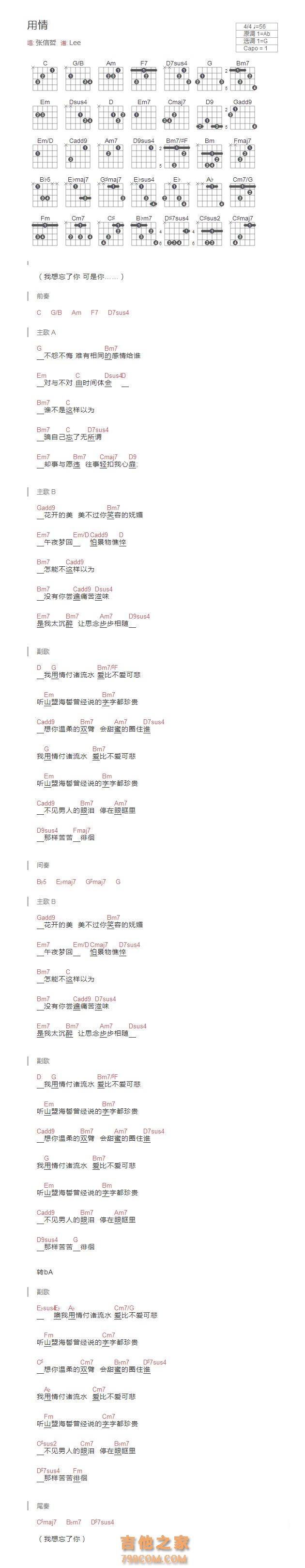 用情吉他谱和弦版 张信哲